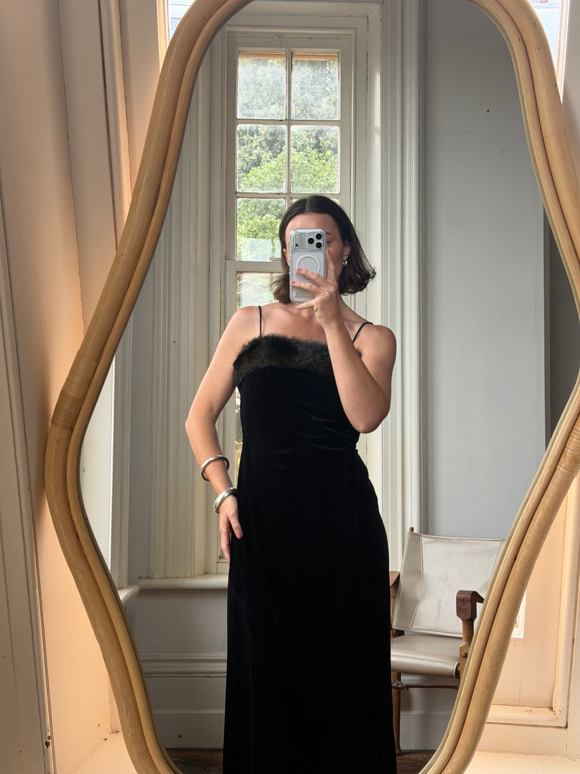 Vintage 90s Velvet Bodycon Maxi Dress with Fur Trim