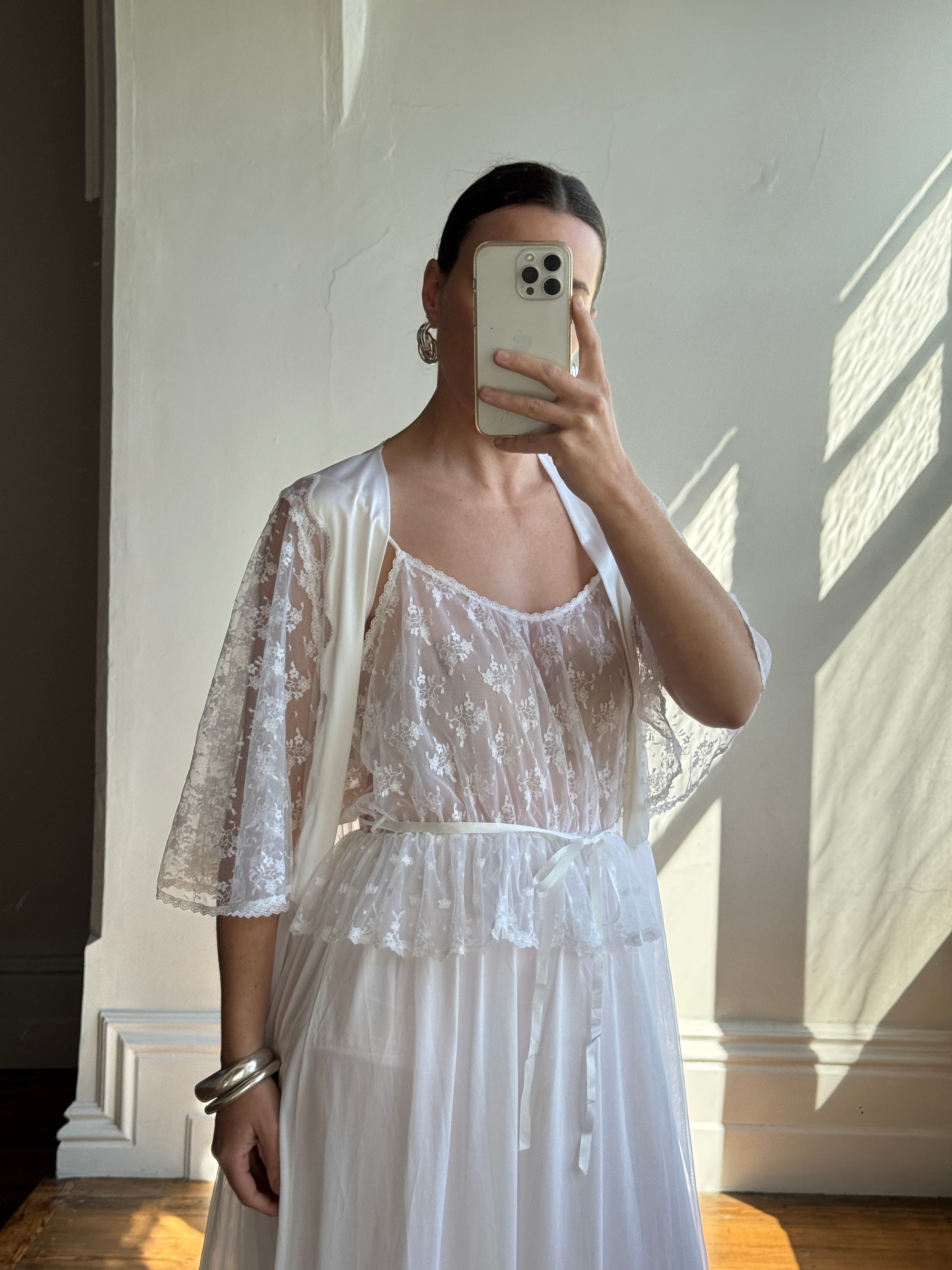 Vintage 80s Lace Peignoir and Slip Set