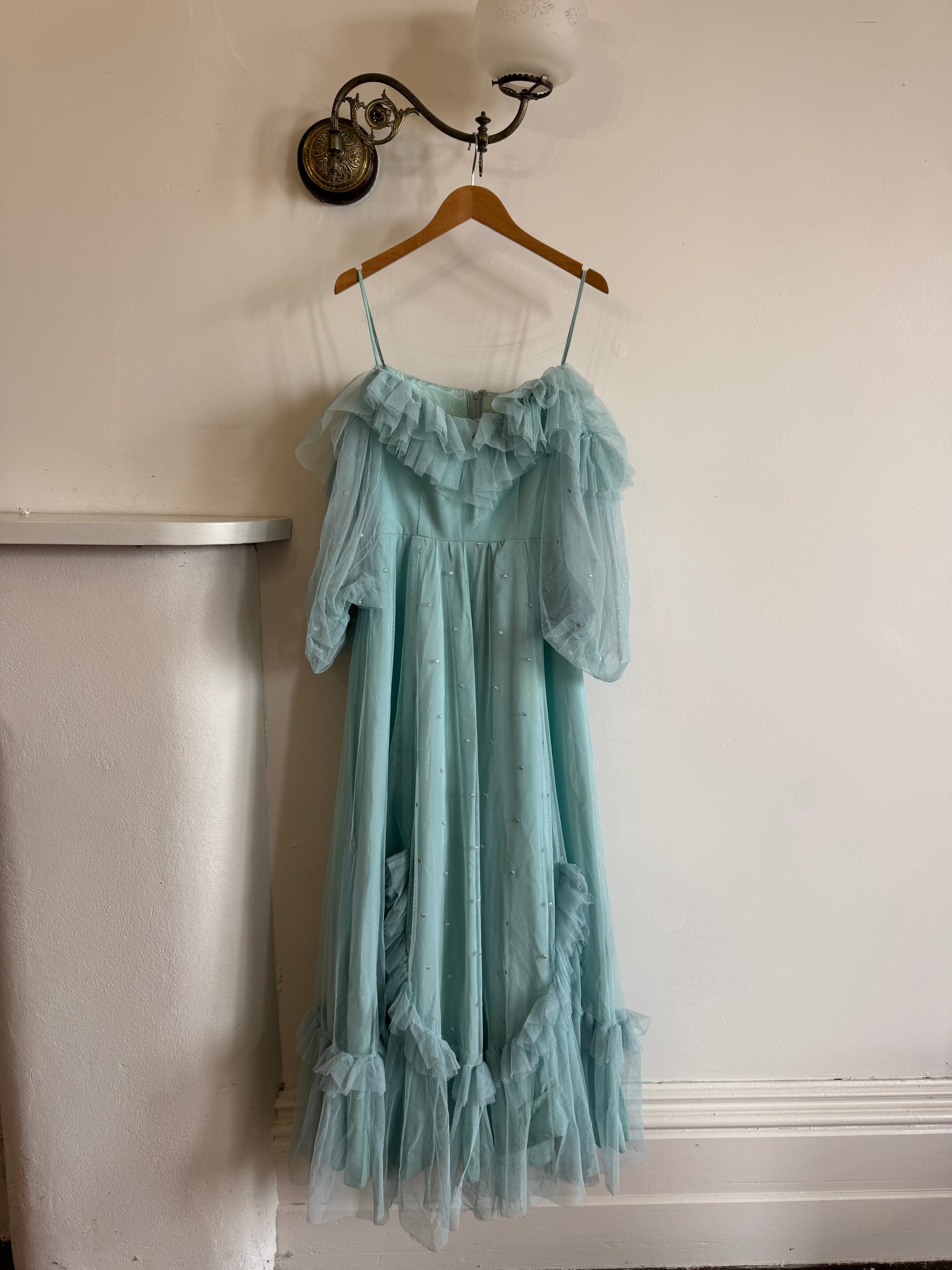 Vintage 80s Sky Blue Tulle Off Shoulder Party Dress