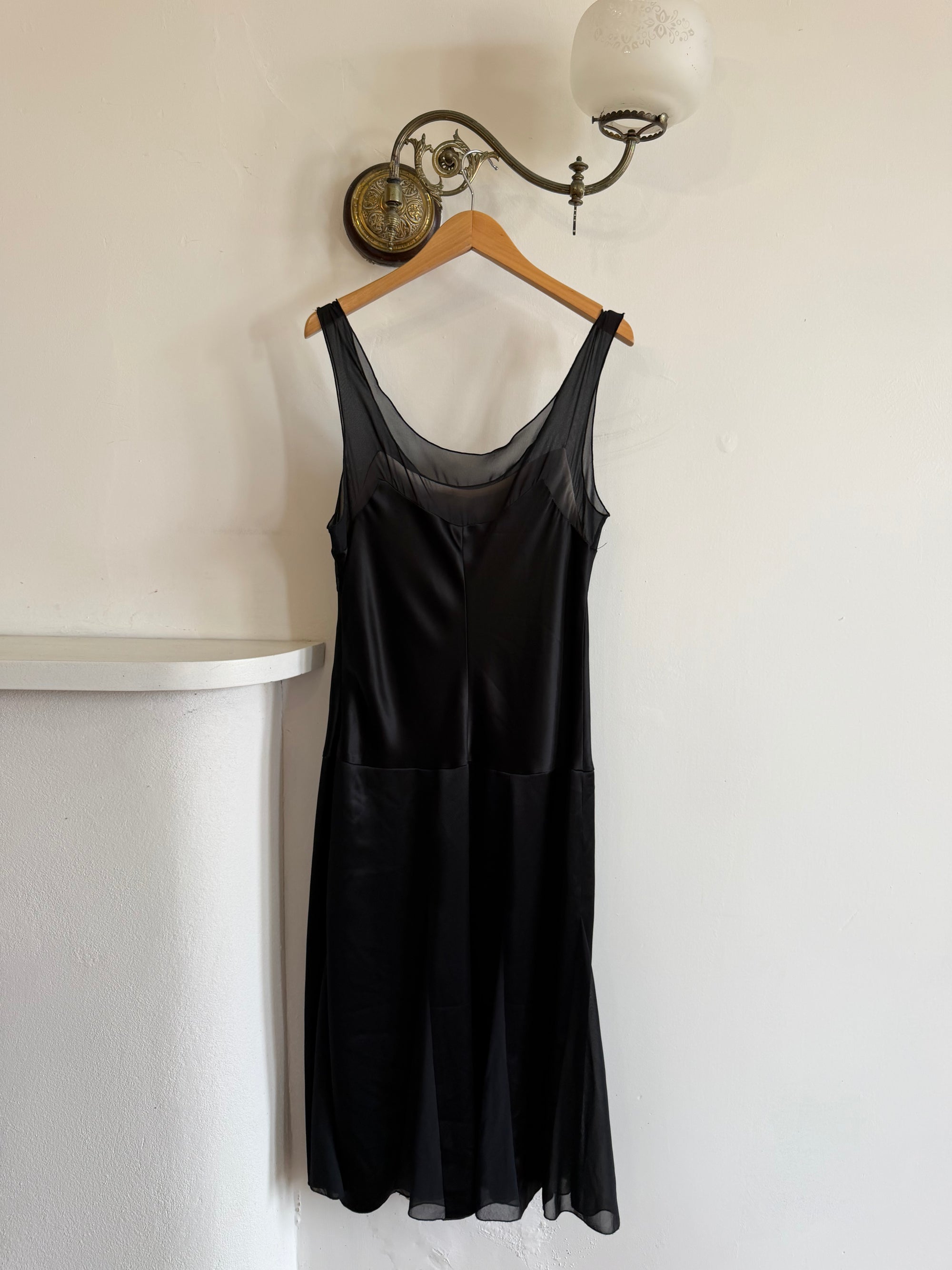 Vintage 90s Satin Drop Waist Midi Dress Noir
