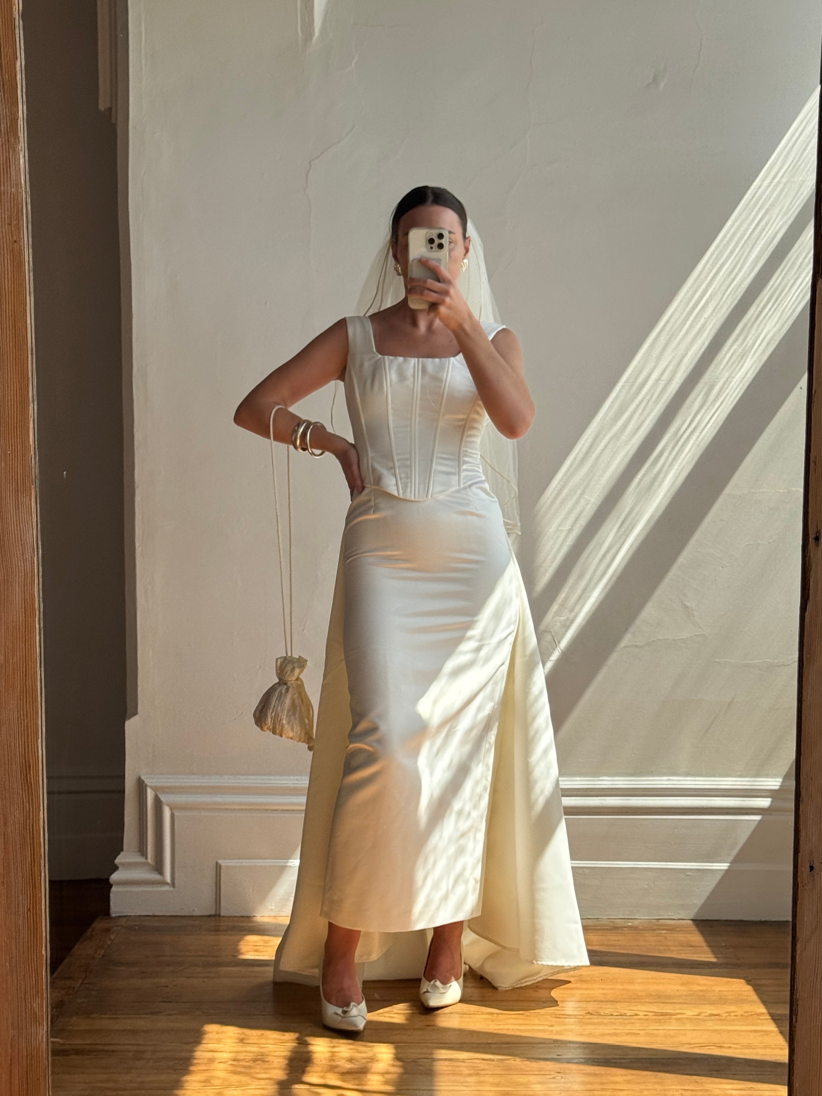 Vintage 90s Satin Corset Pencil Wedding Dress With Optional Train