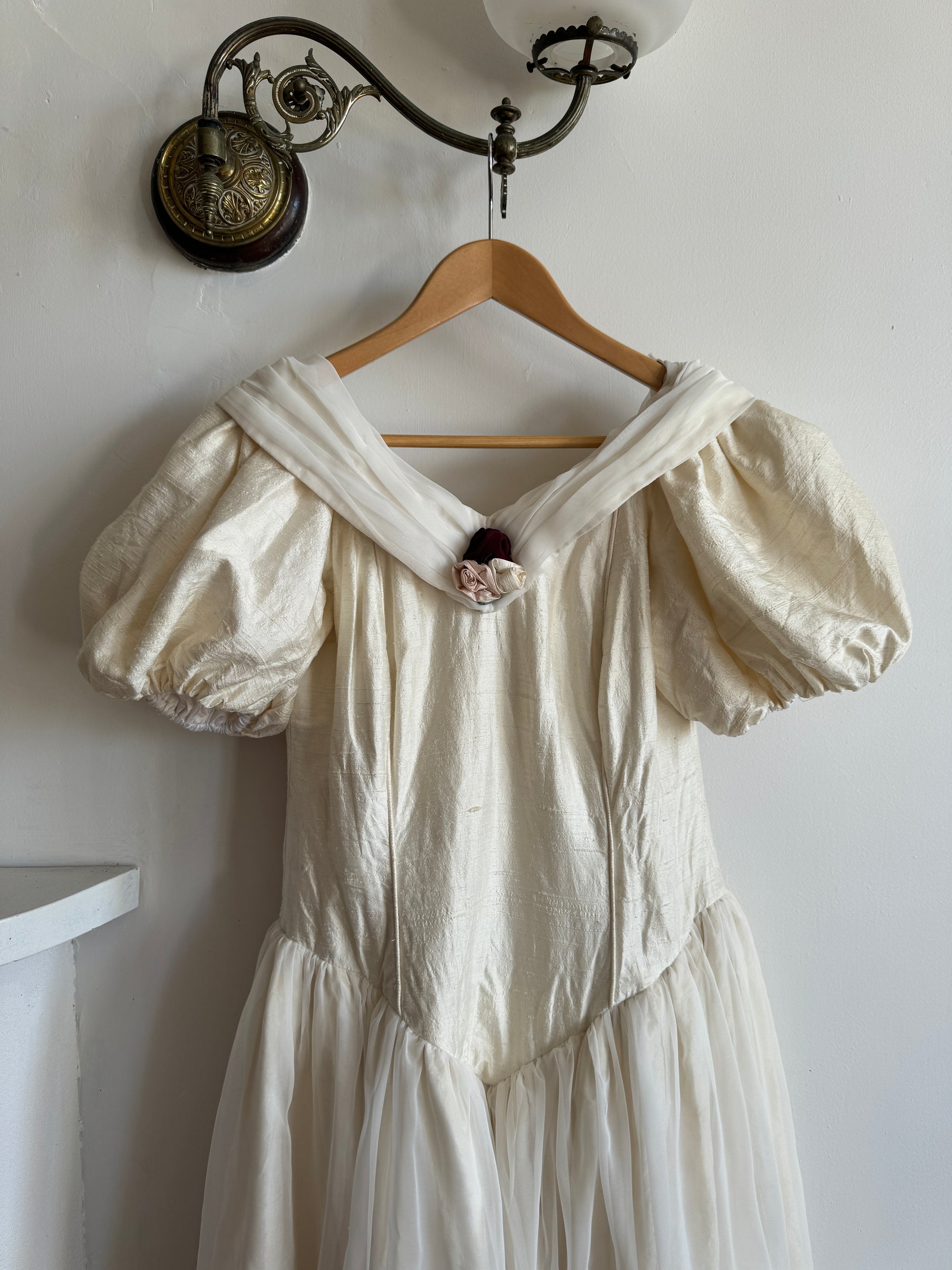 Vintage Silk Puff Sleeve Wedding Dress with Chiffon and Roses