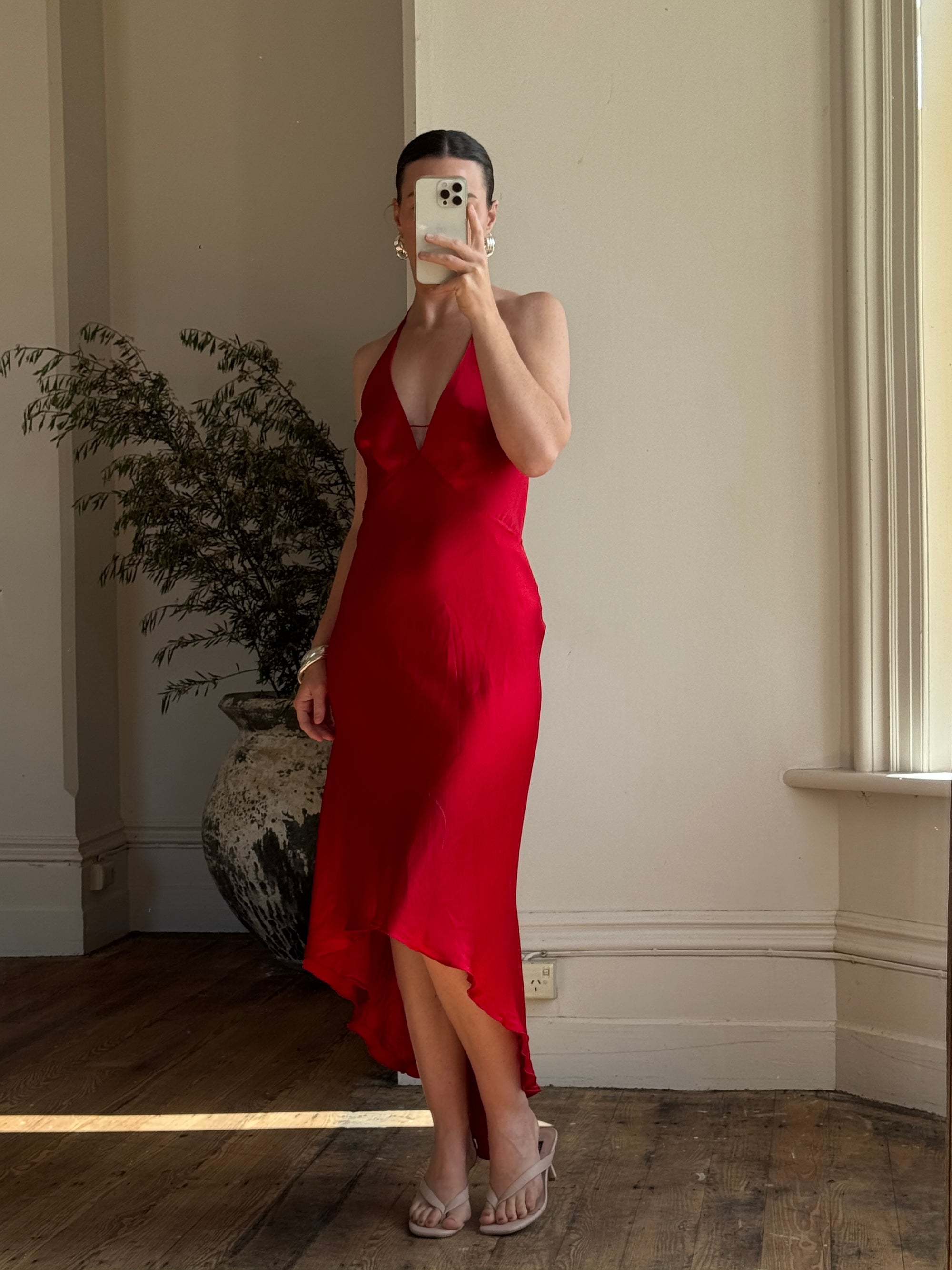 Vintage 90s Pure Silk High Low Halter Dress Scarlett