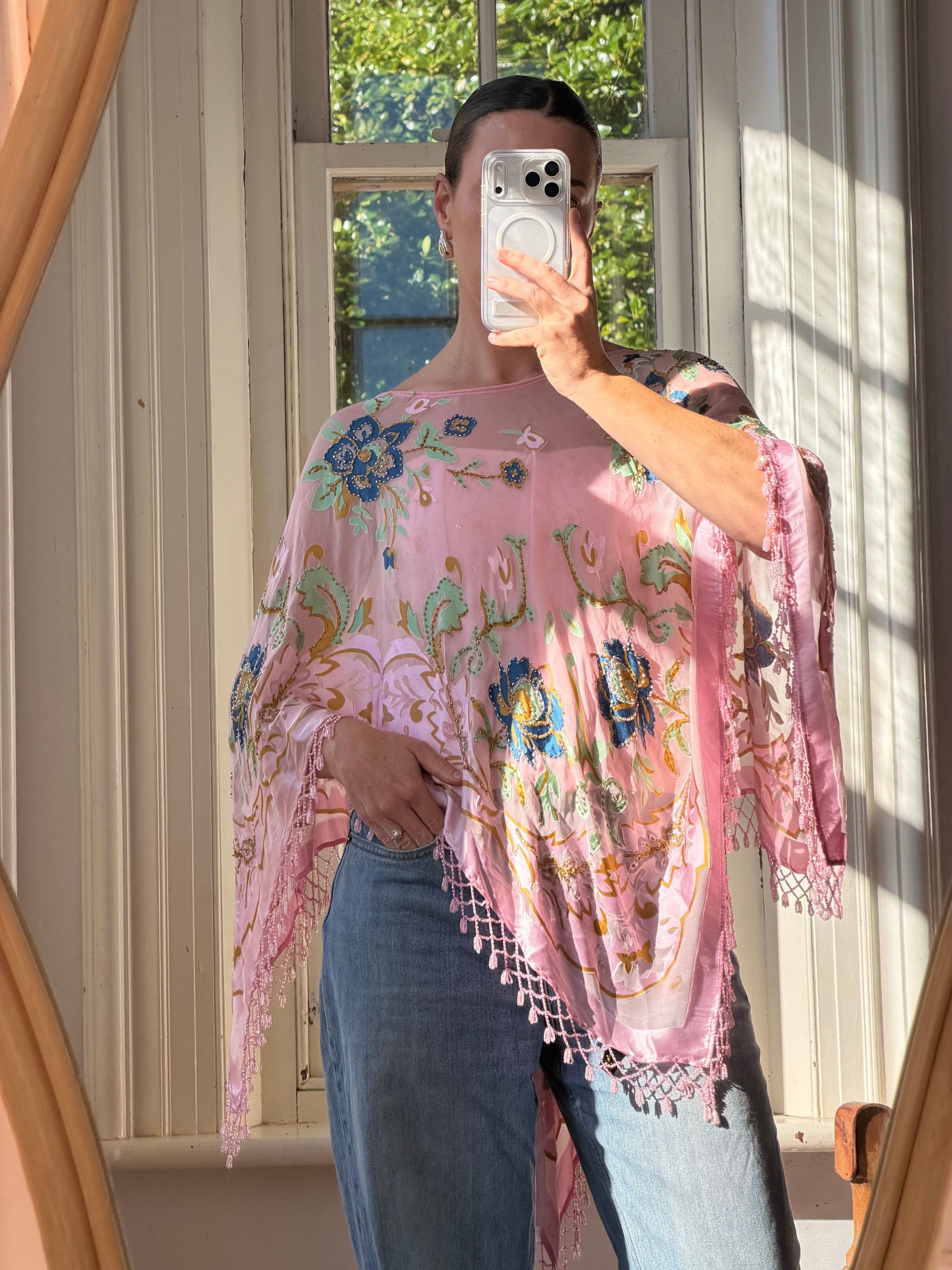 Vintage 90s Pink Floral Beaded Fringe Poncho