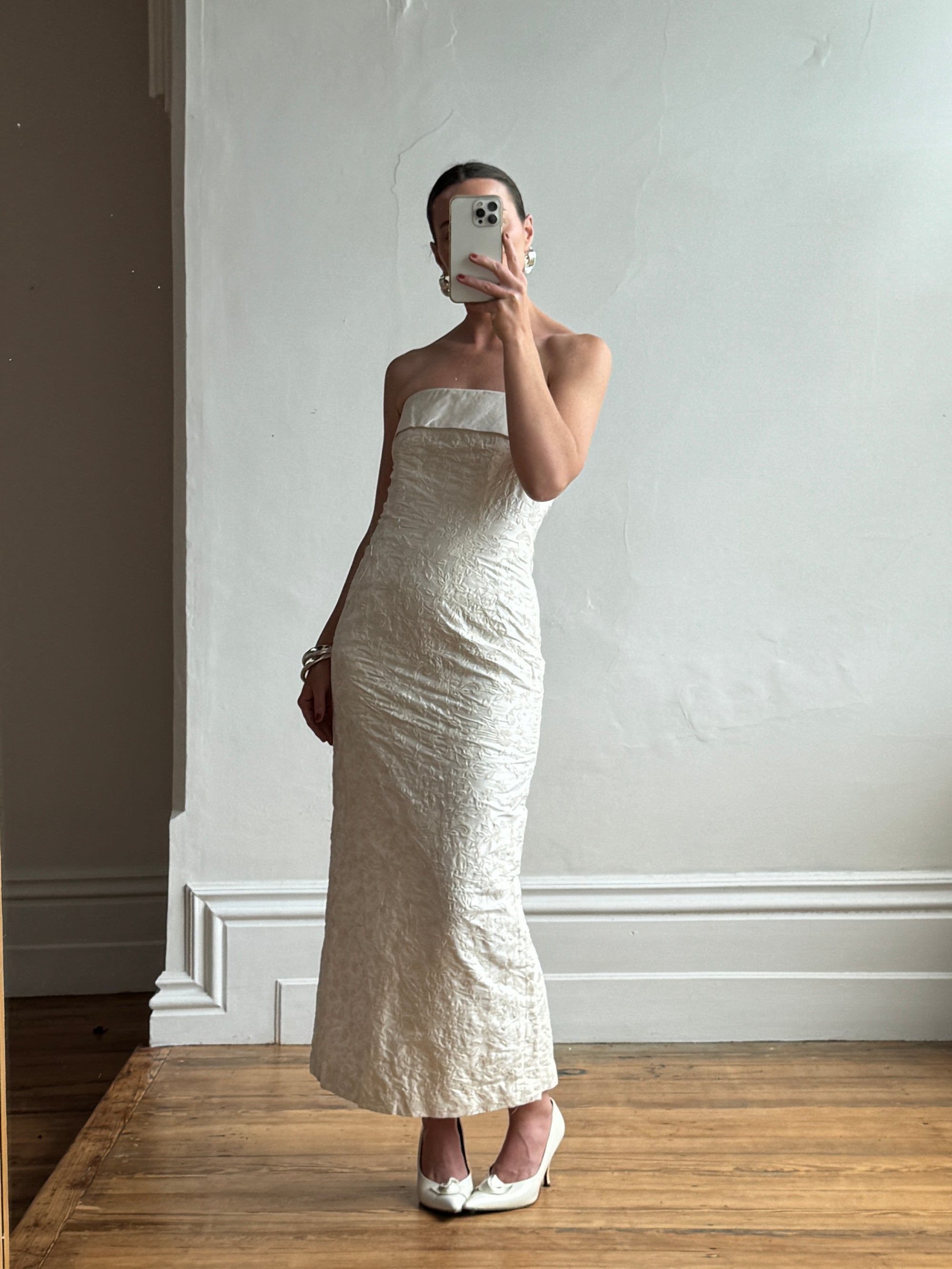 Vintage 90s Pure Silk Jacquard Strapless Bridal Midi