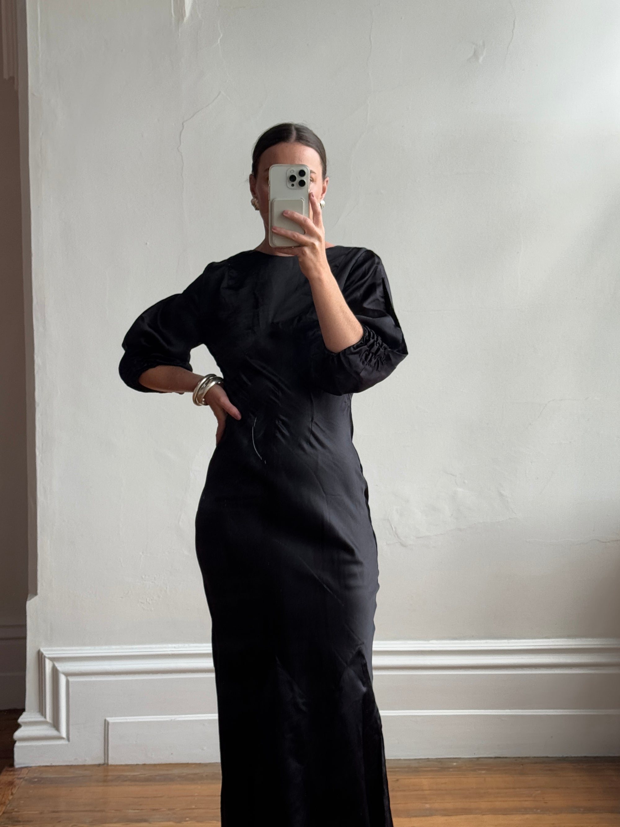 Vintage 30s Black Satin Backless ZigZag Fishtail Dress