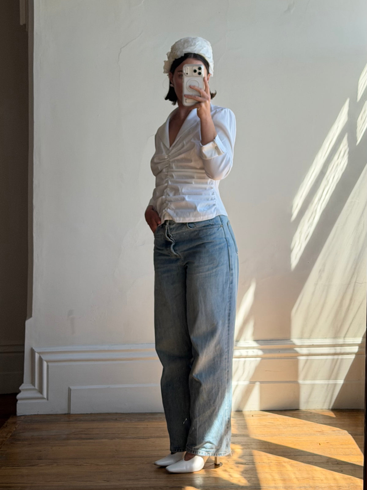 Vintage 90s Structured Collar Gathered Blouse Crisp White