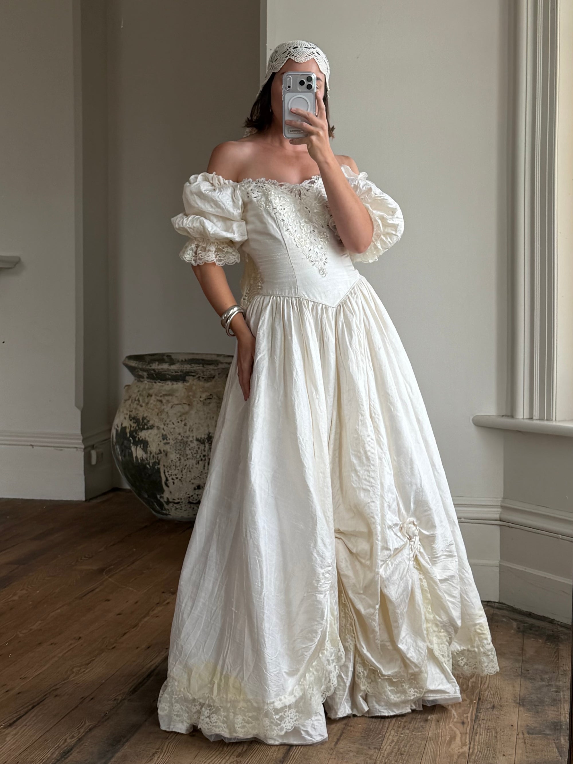 Vintage 90s Silk Puff Sleeve Embroidered Wedding Dress