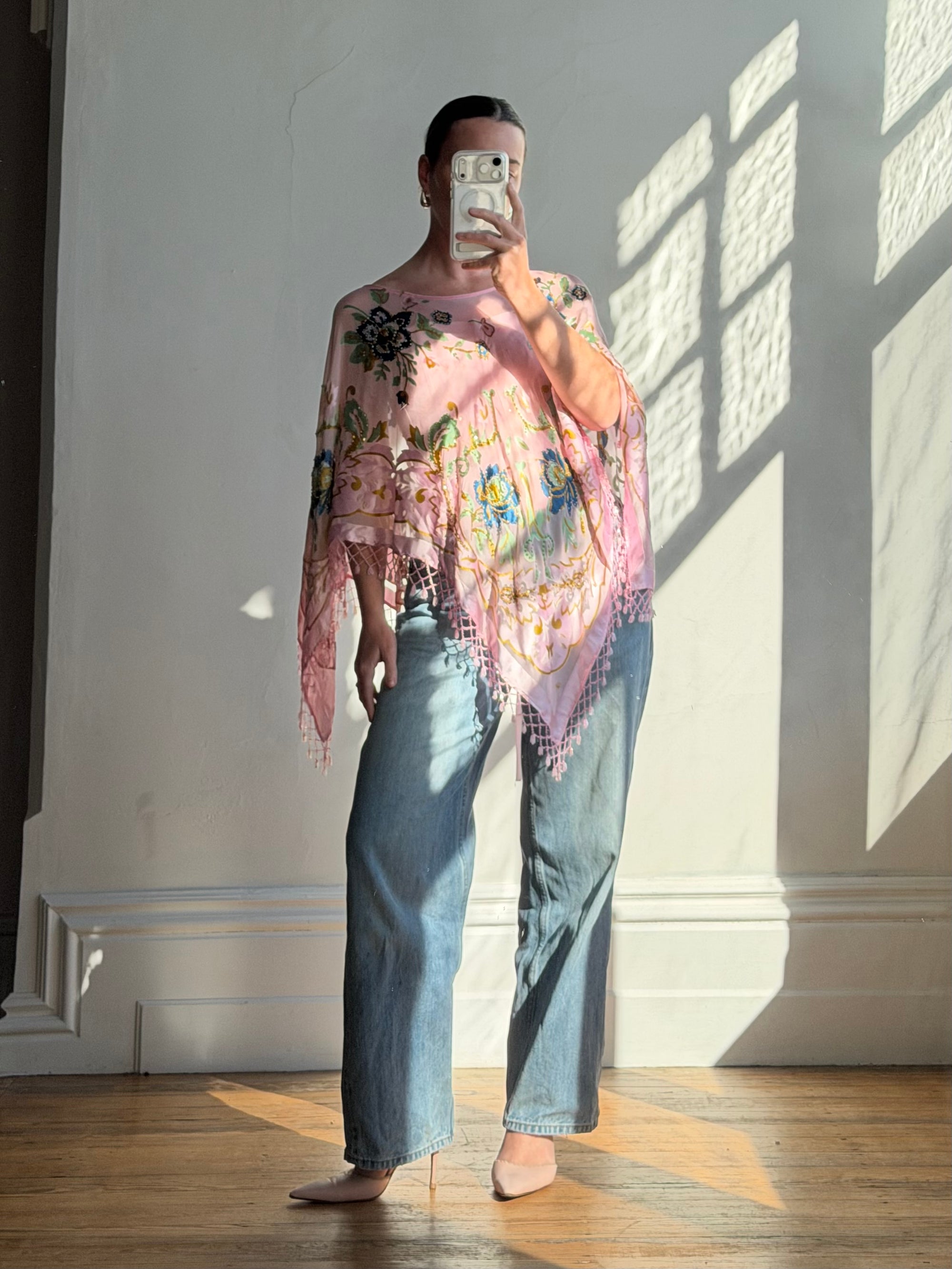 Vintage 90s Pink Floral Beaded Fringe Poncho