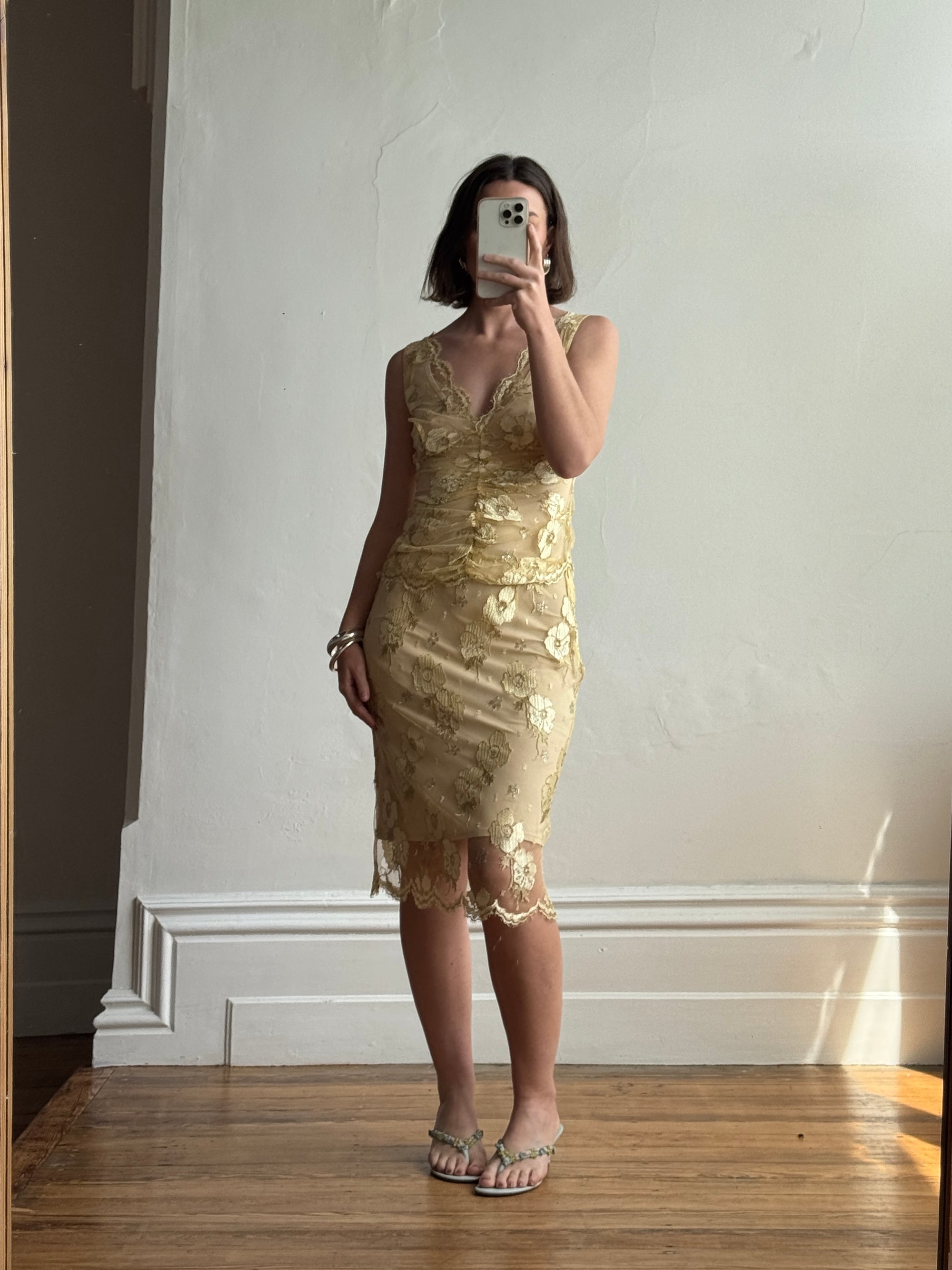 Vintage 2002 Collette Dinnigan Gold Foil Floral Two Piece Set