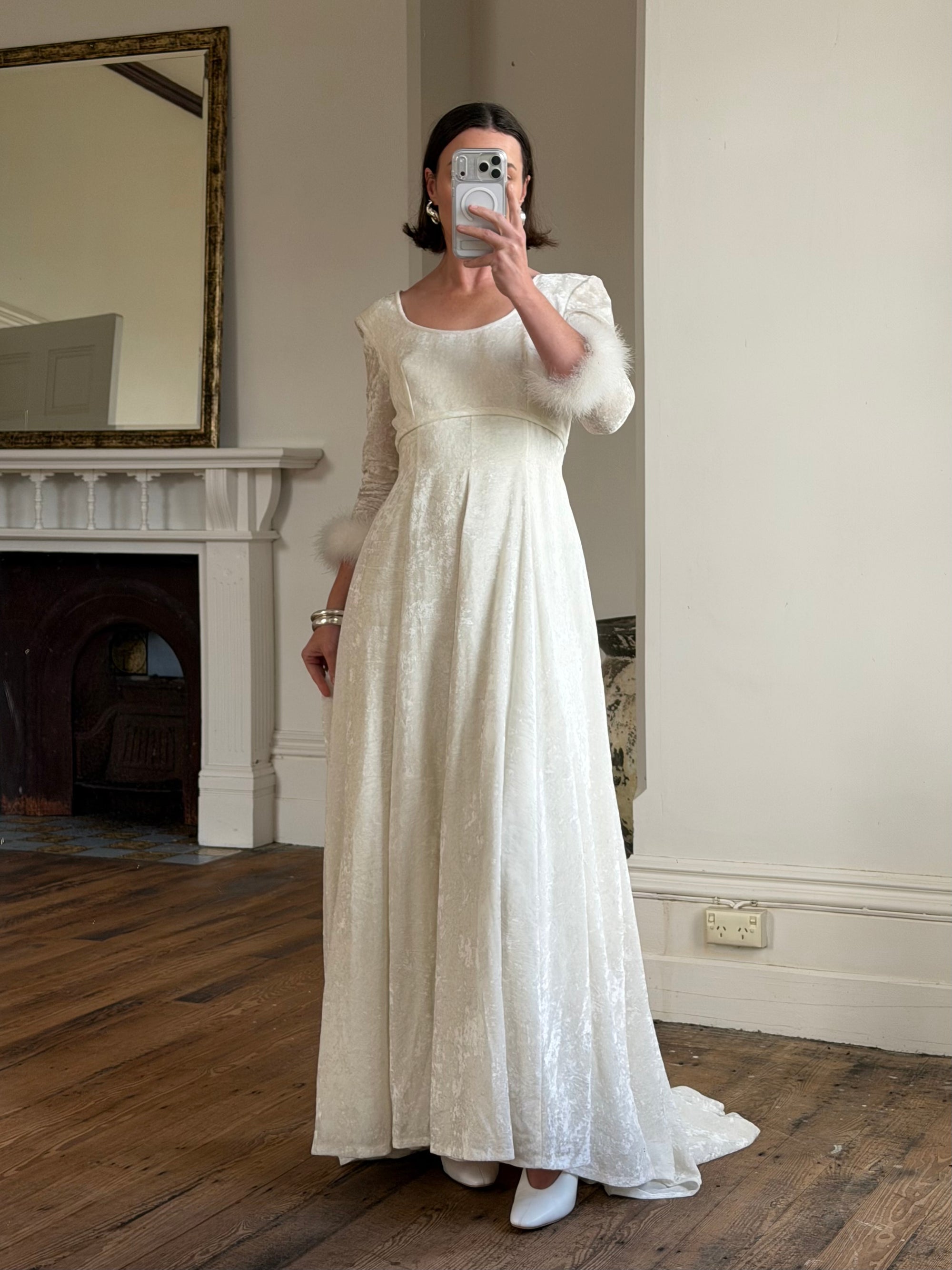 Vintage 90s Italian Velvet Long Sleeve Feather Wedding Gown