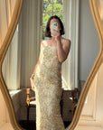 Vintage 90s Strapless Cream Ribbon Bead Embroidered Midi