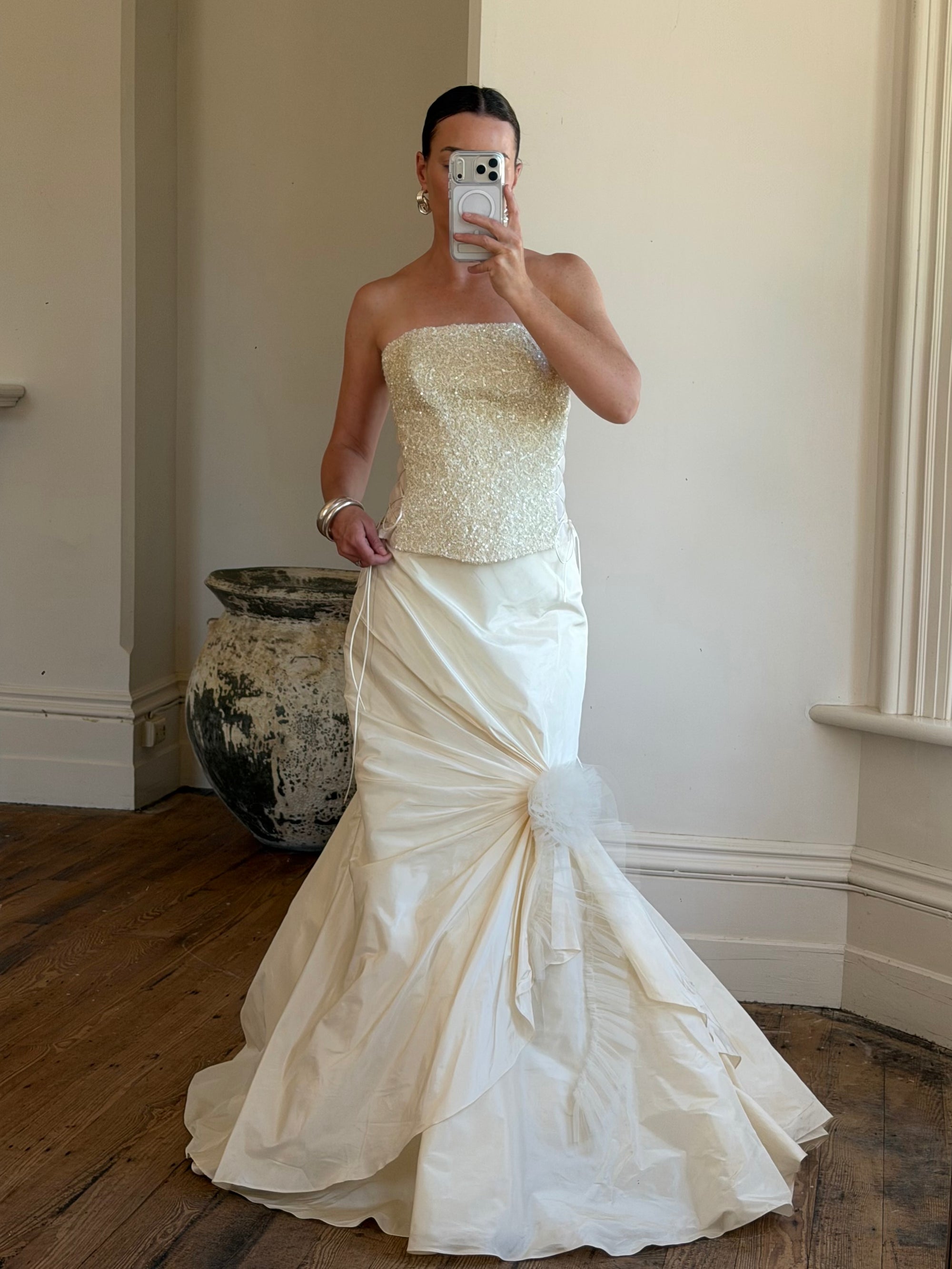 Vintage 90s Italian Pure Silk Taffeta and Sequin Bridal Set