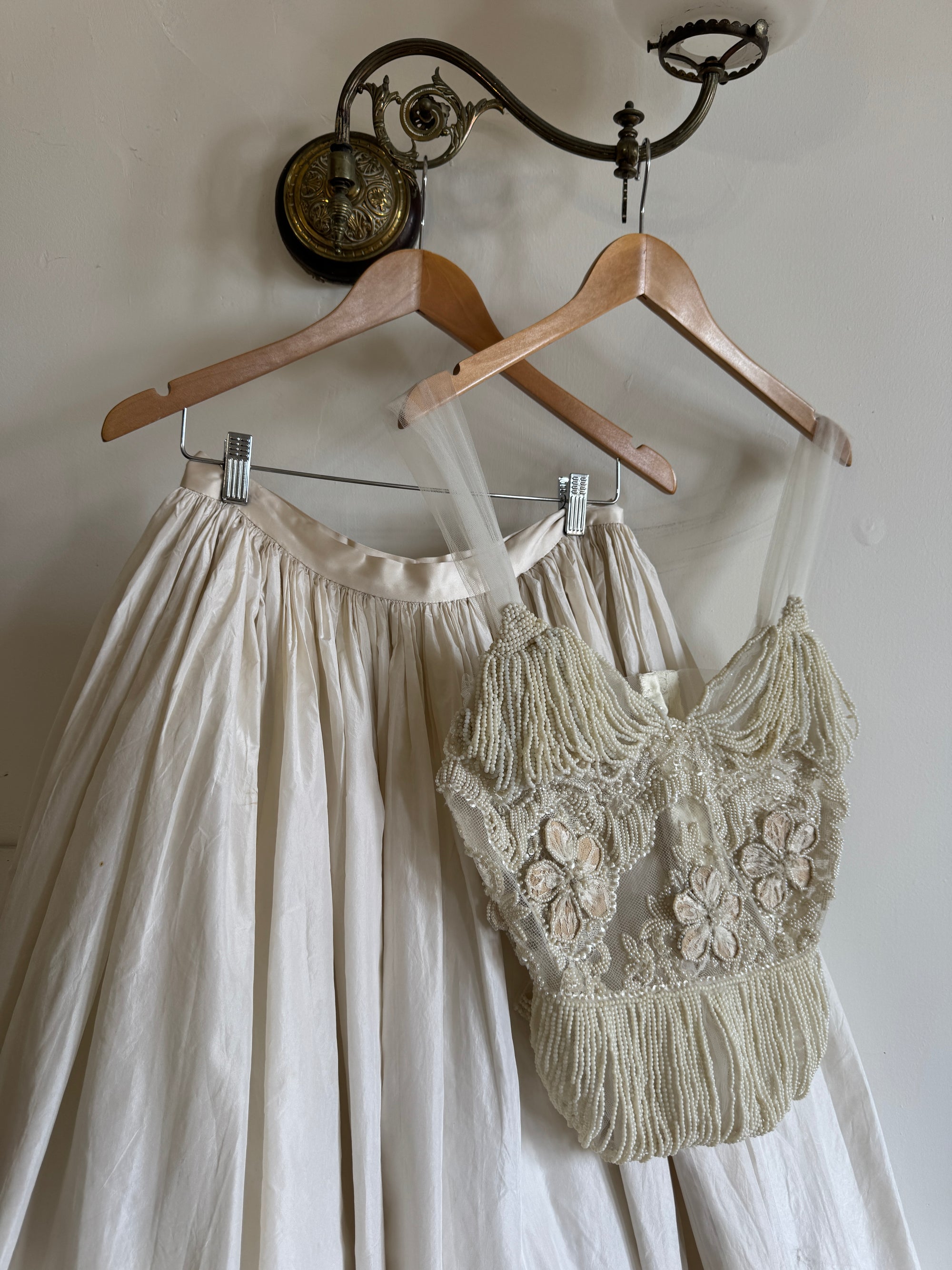 Vintage 90s Two Piece Tulle Beaded Top and Princess Silk Satin Skirt