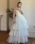 Vintage 70s Tiered Lace and Tulle Long Sleeved Wedding Gown