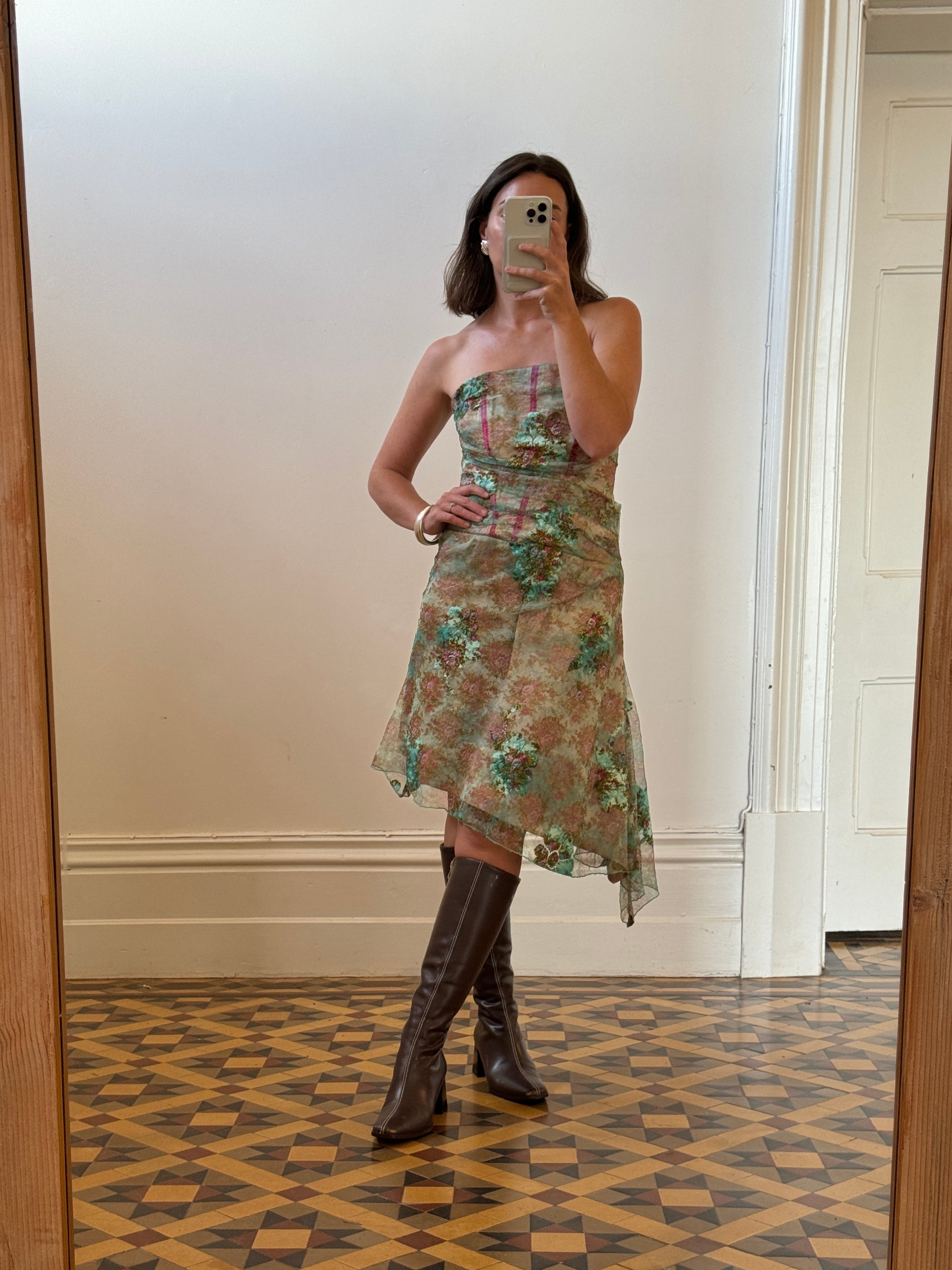 Vintage Y2K Teal Mesh Tapestry Corset Dress