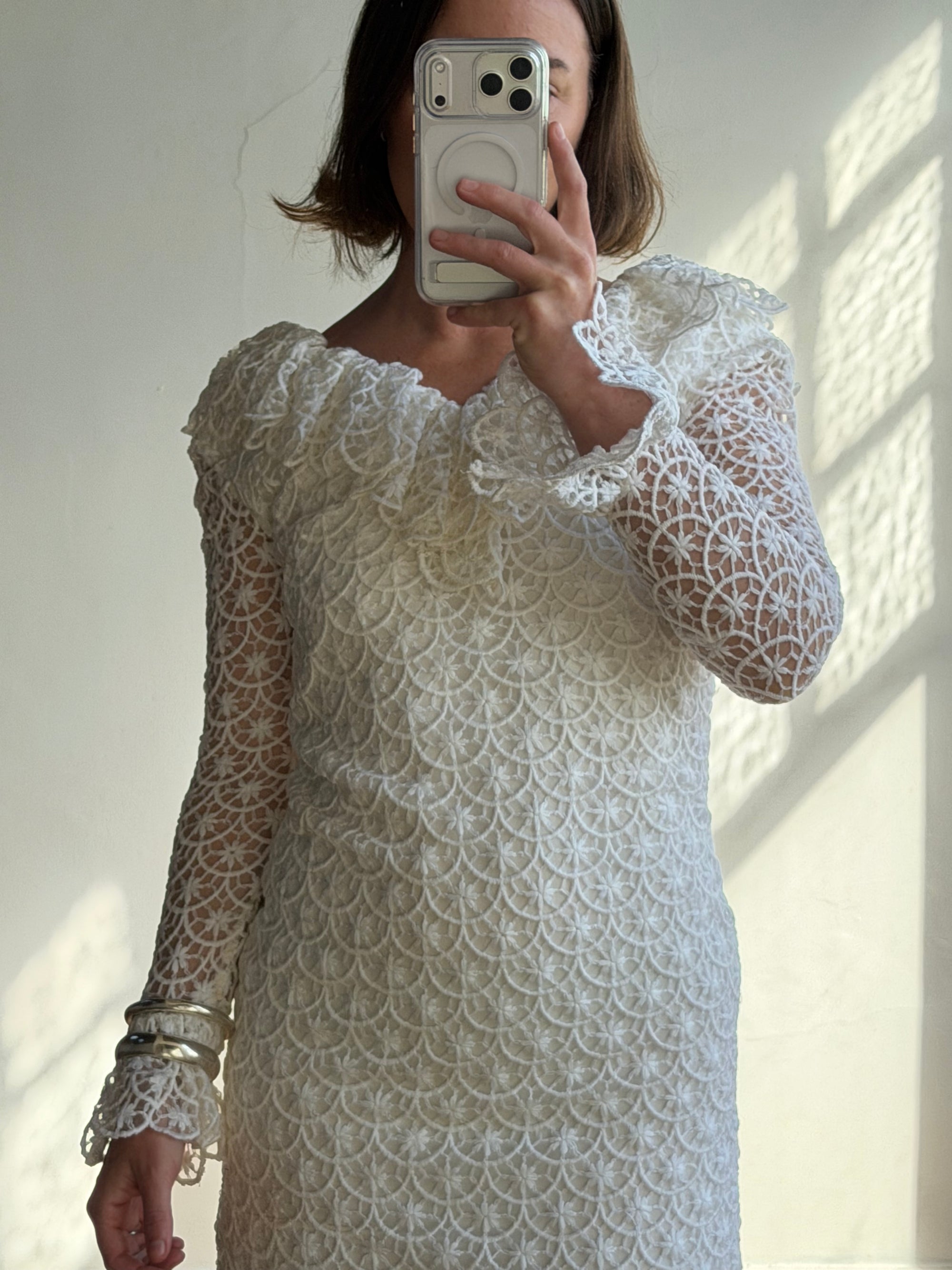 Vintage 90s Italian Crochet Column Frill Dress with Matching Bag