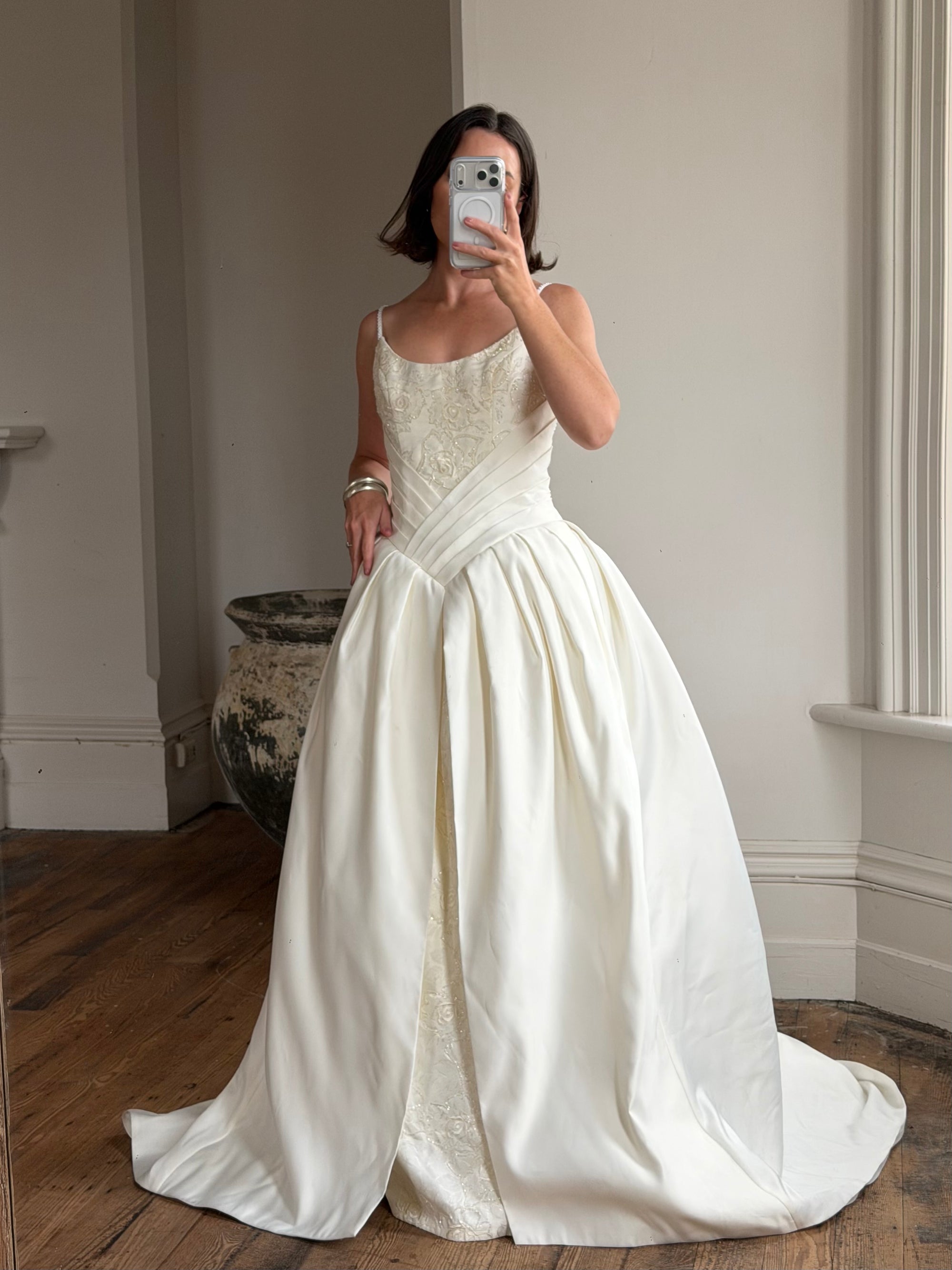 Vintage 90s Pleated Jacquard Satin Wedding Gown