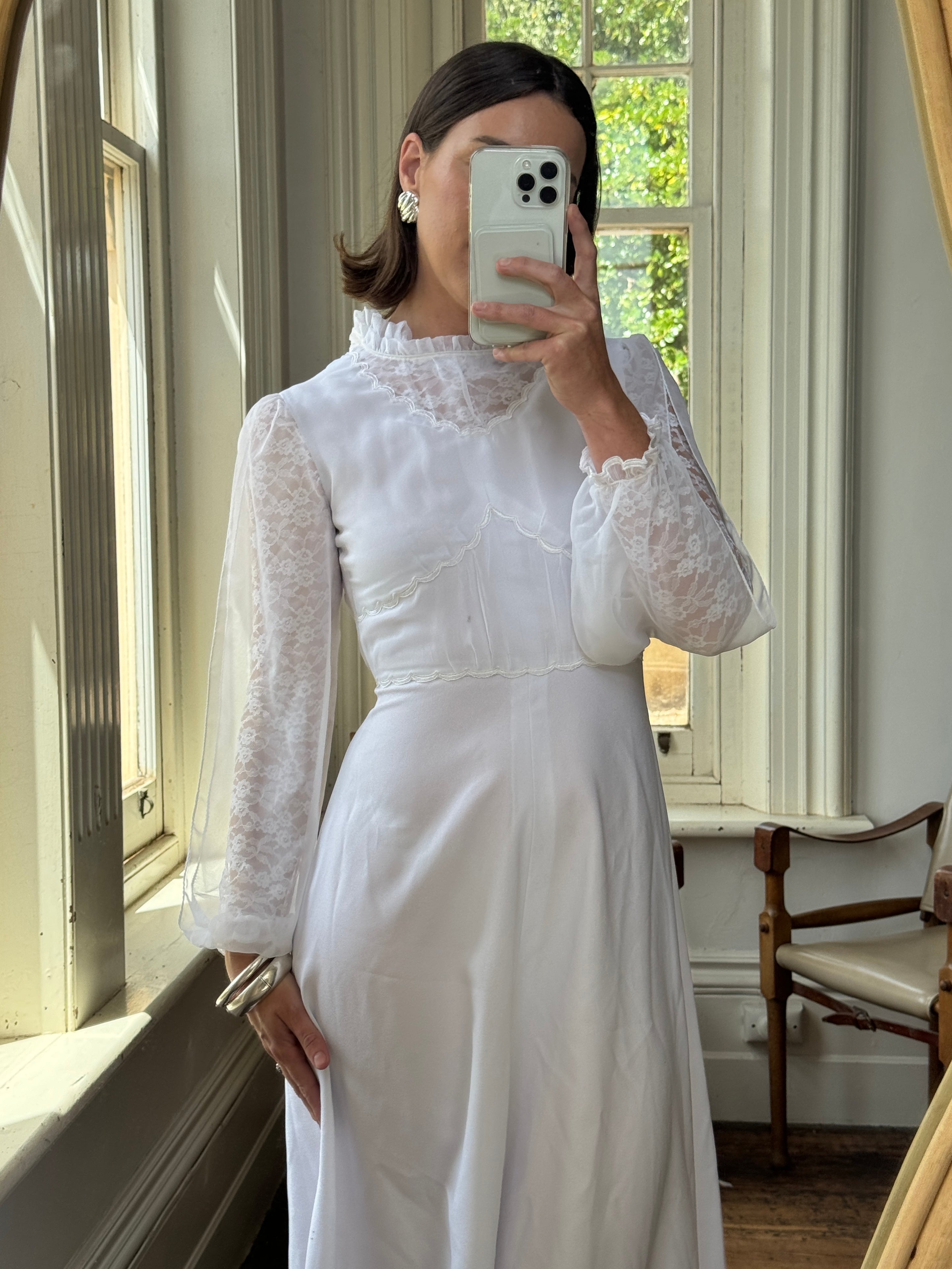 Vintage 70s Panelled Bridal Midi Dress Snow