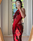 Vintage Y2K Burnt Velvet Beaded Fringe Halter and Skirt Set Crimson
