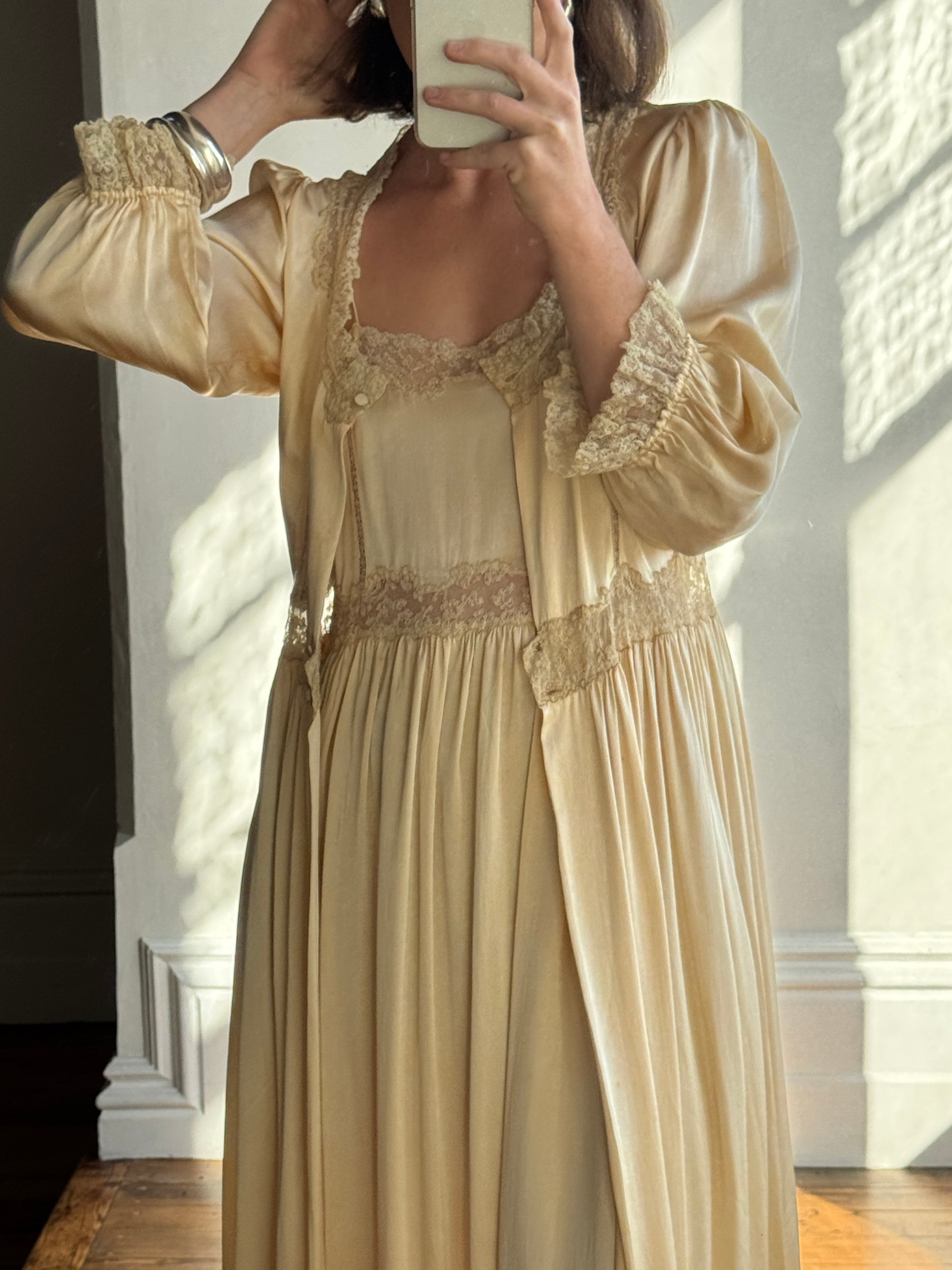 Vintage 70s Pure Silk Peignoir and Slip Butterscotch