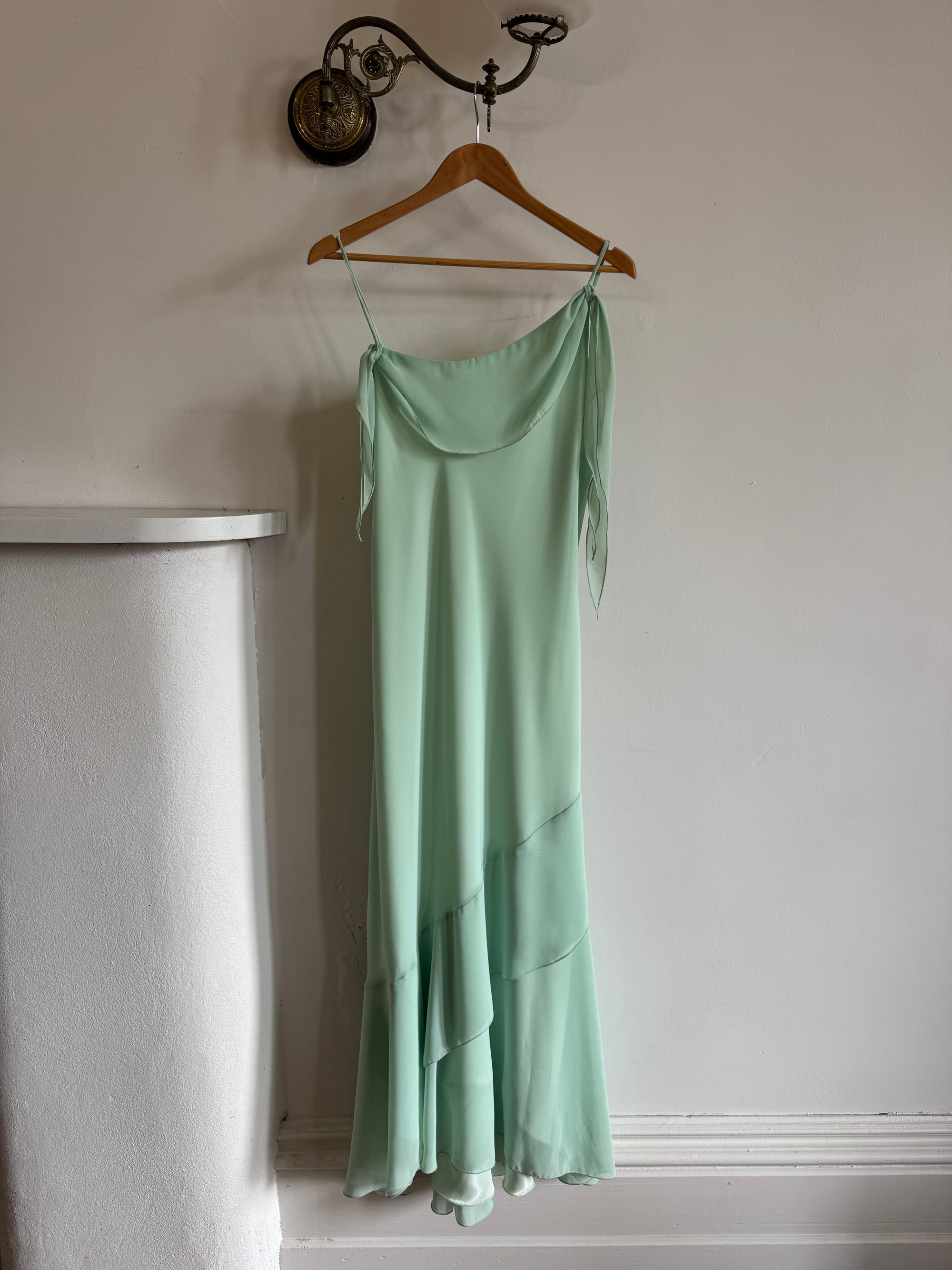 Vintage Y2K Asymmetric Chiffon Ruffle Dress Mint Green