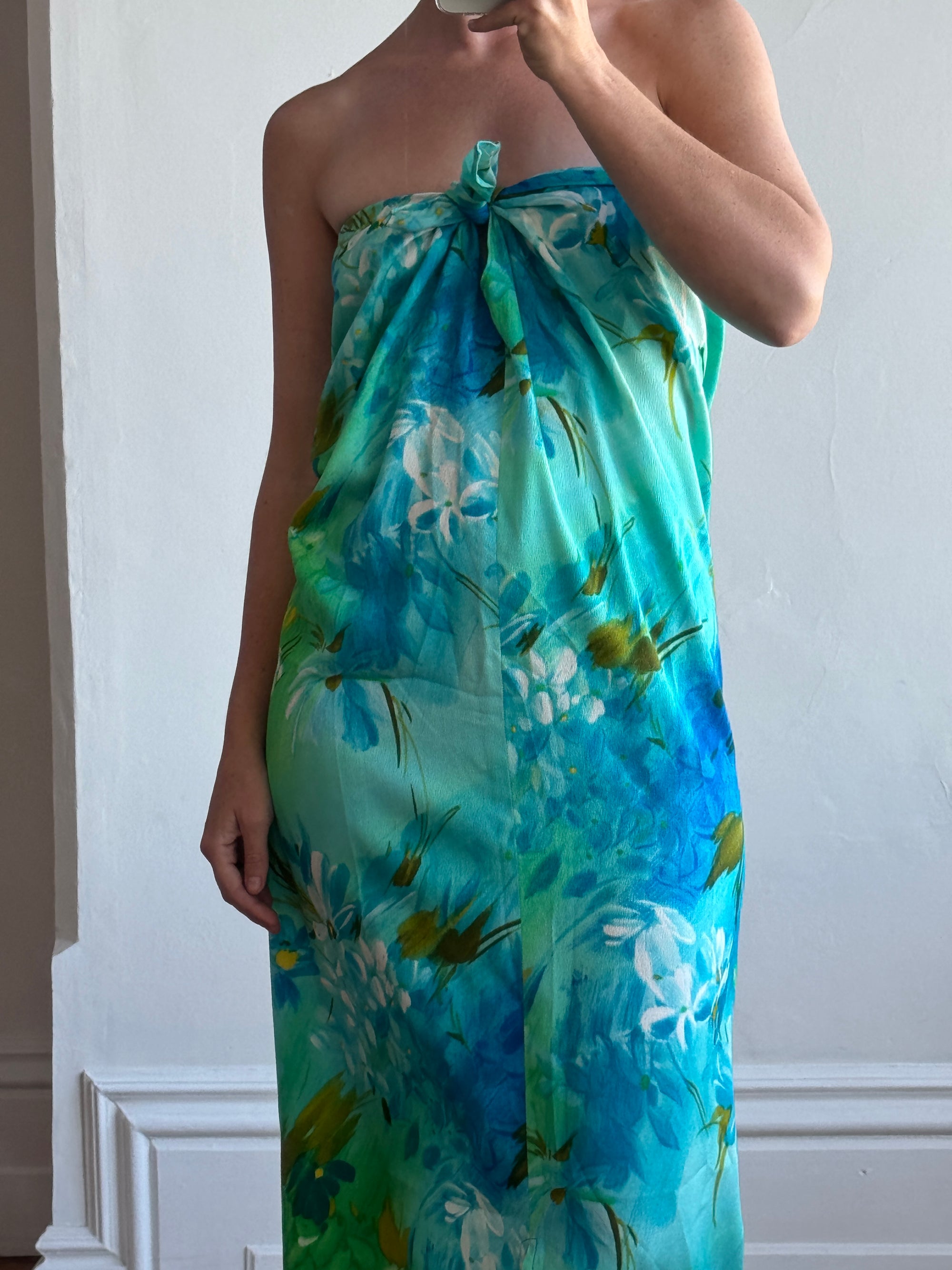 Vintage 70s Hawaiian Sarong Dress Watercolour Floral