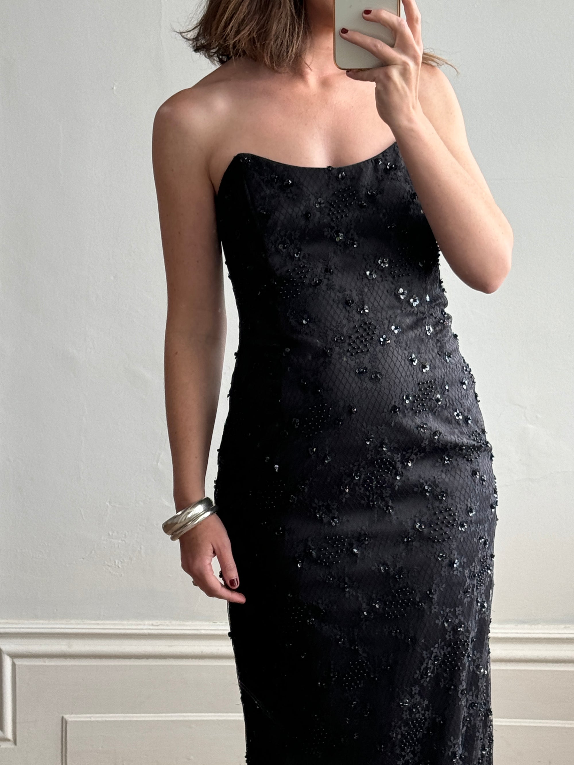 Vintage Australian Made 90s Strapless Beaded Lace Dress