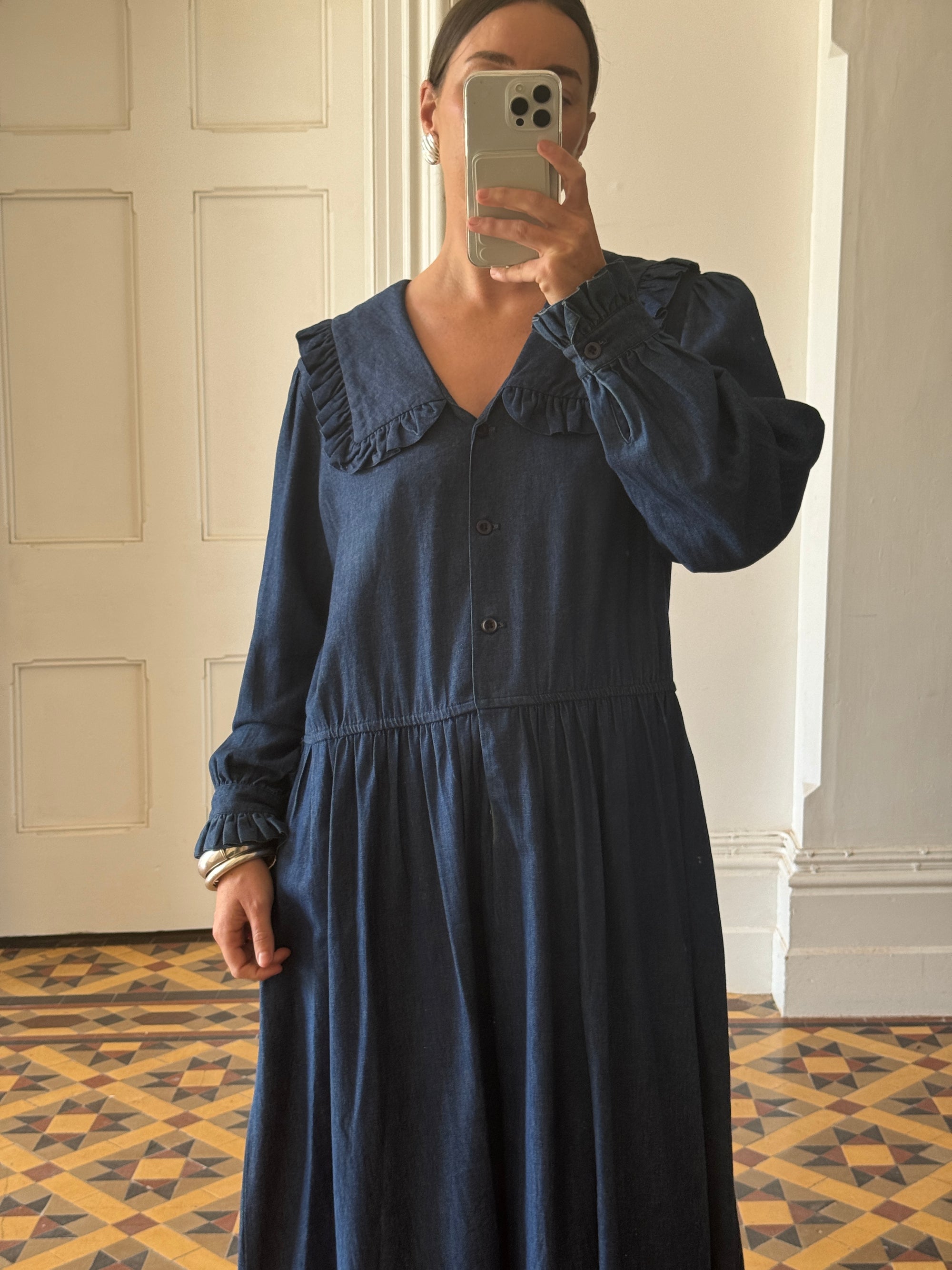 Vintage 80s Giant Collar Chambray Dress Navy