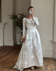 Vintage 60s Satin Jacquard Embellished Wedding Gown Ivory