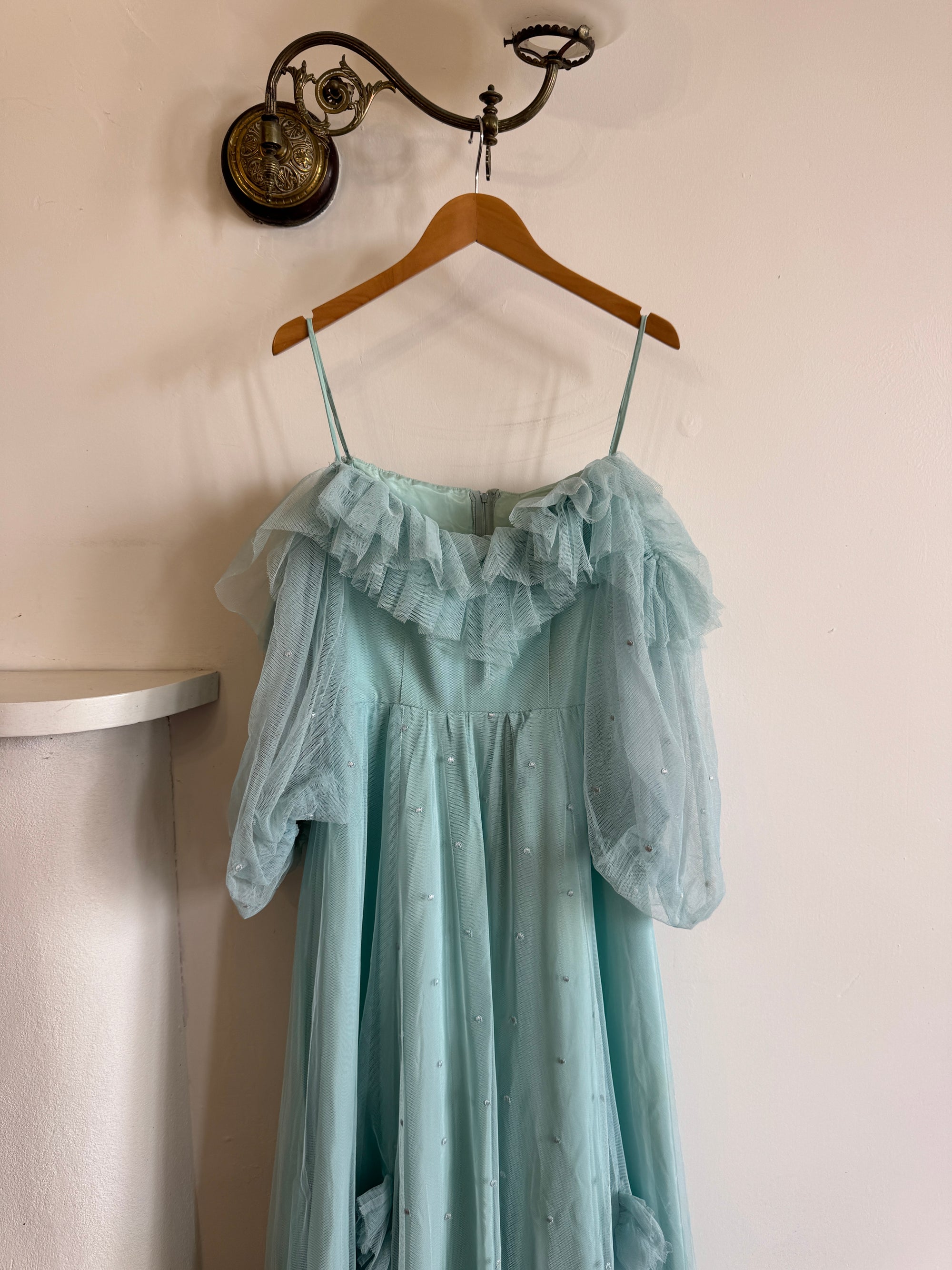 Vintage 80s Sky Blue Tulle Off Shoulder Party Dress
