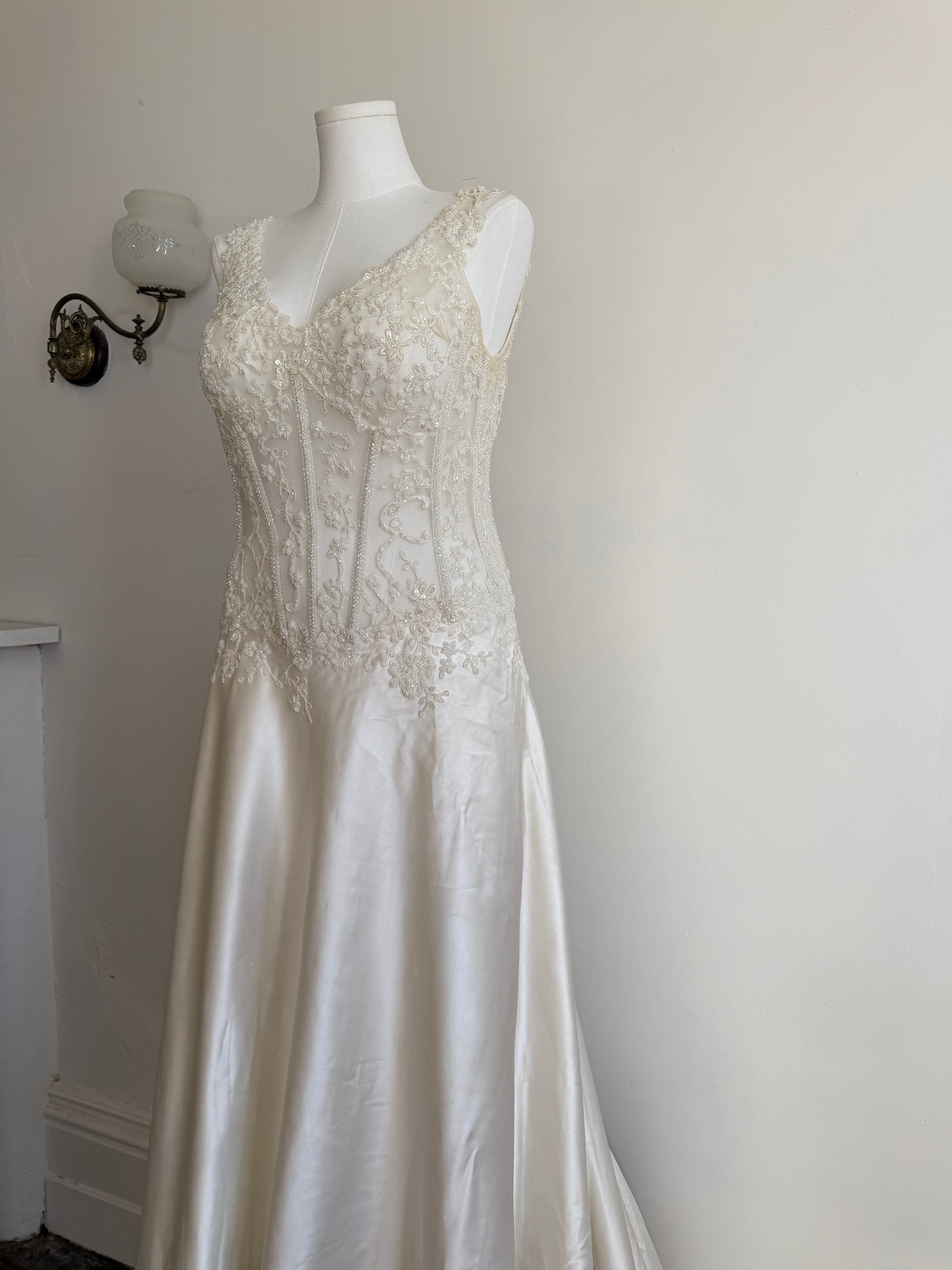 Vintage 90s Italian Naked Embroidered Satin Wedding Dress