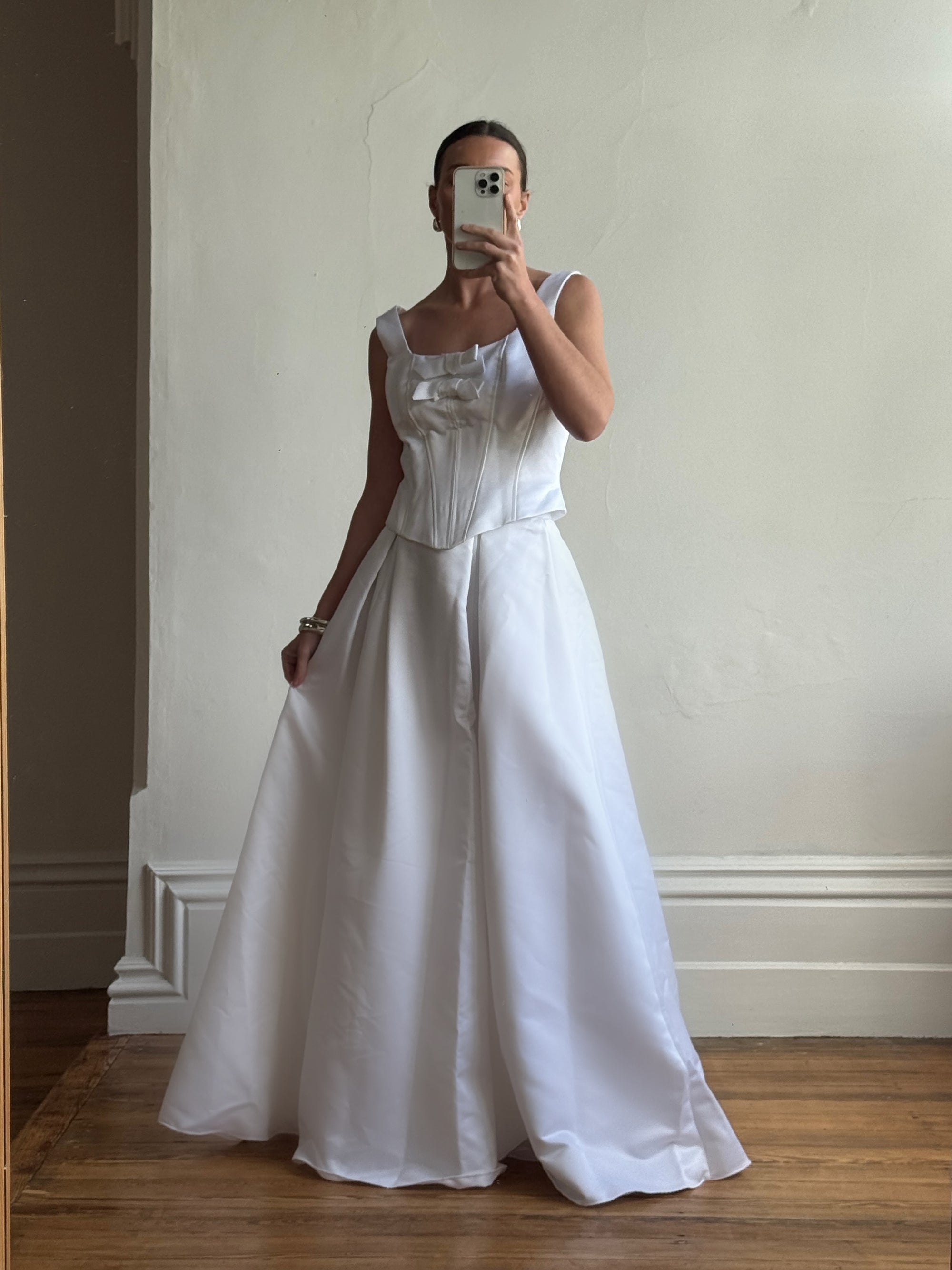 90s white dress Vintage 90s White Satin Double Bow Two Piece Wedding Gown – Call Me The Breeze