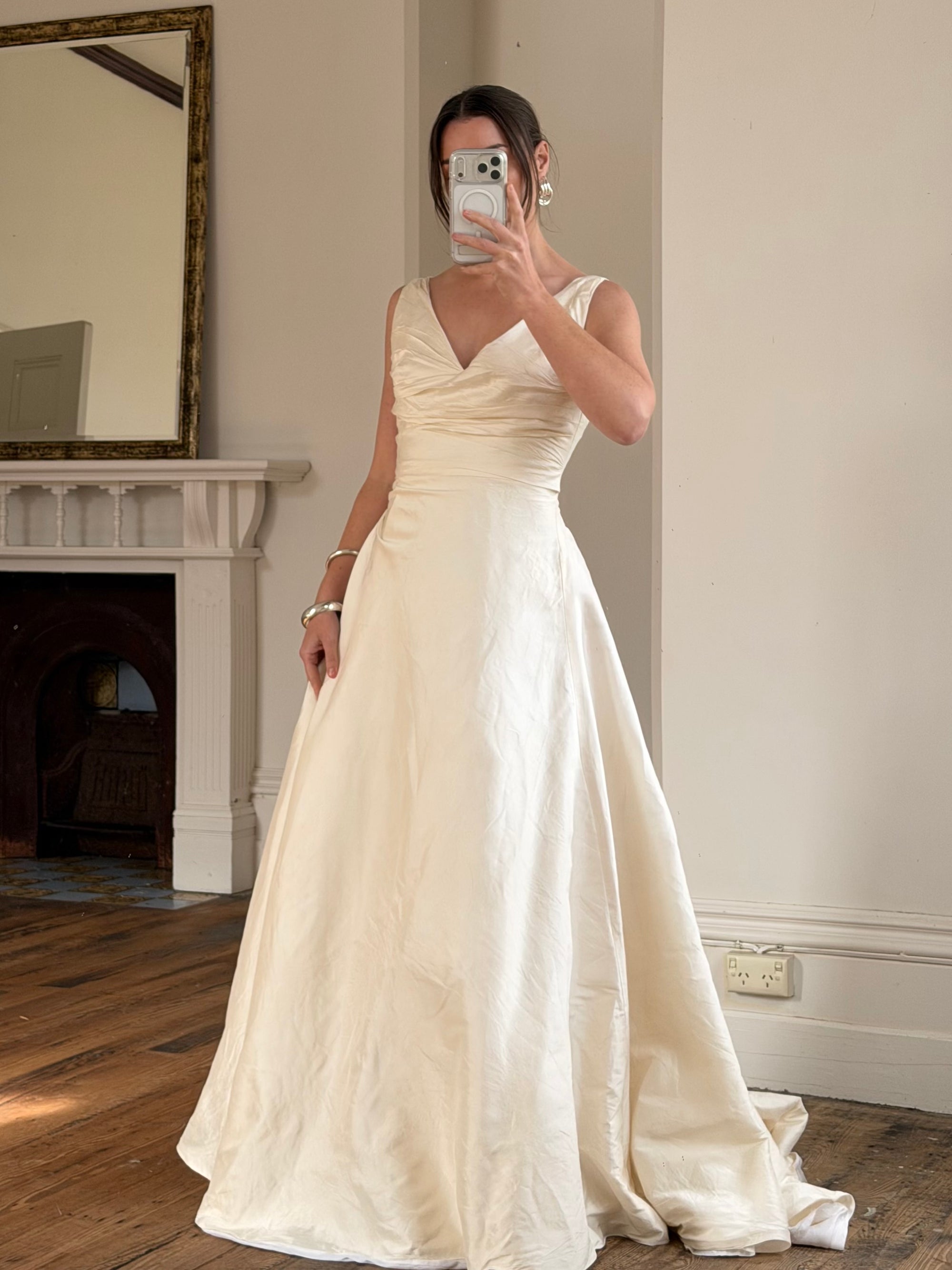 Vintage 90s Ivory Silk V-Neck A-Line Wedding Gown