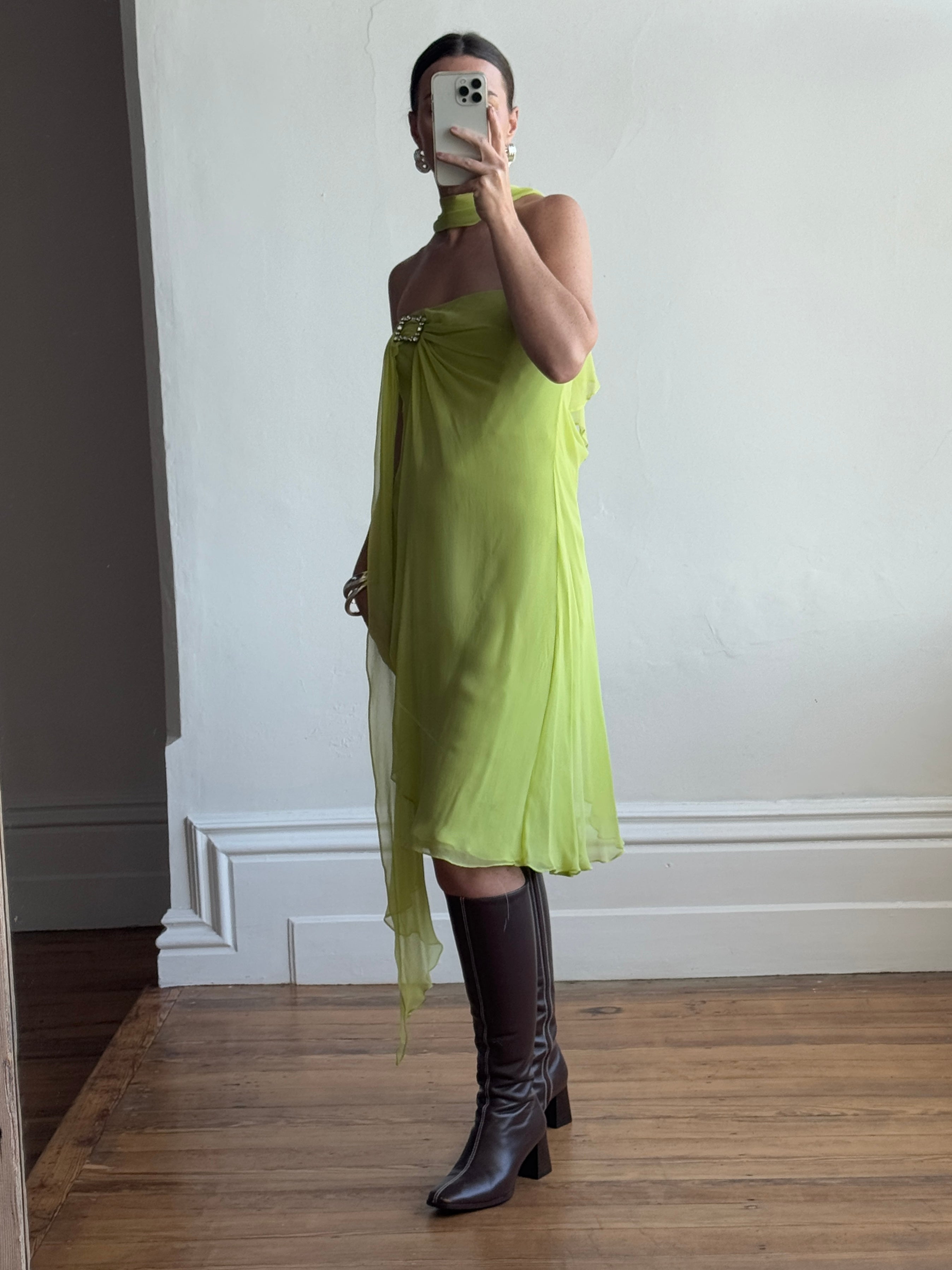 Vintage Y2K Chartreuse Strapless Pure Silk Brooch Dress