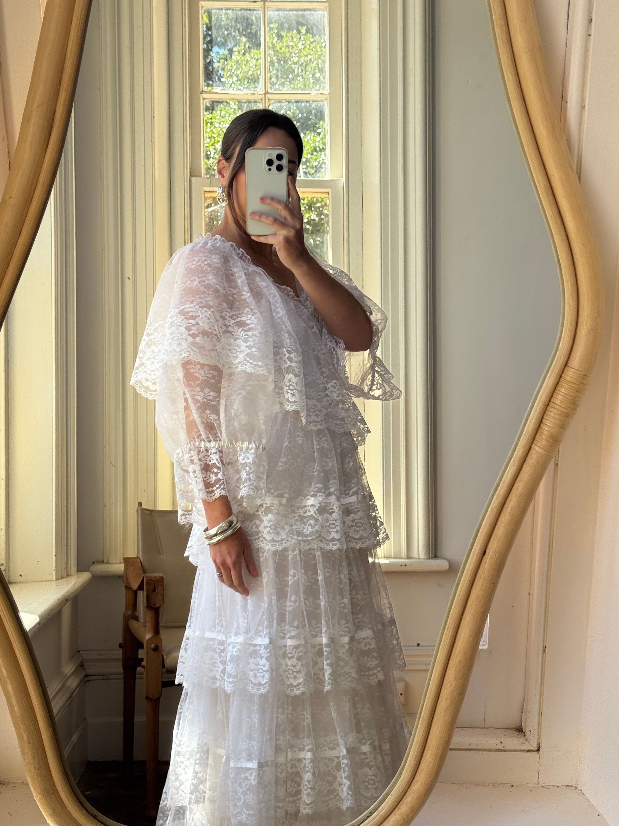 Vintage 70s Tiered Lace Ruffle Wedding Gown