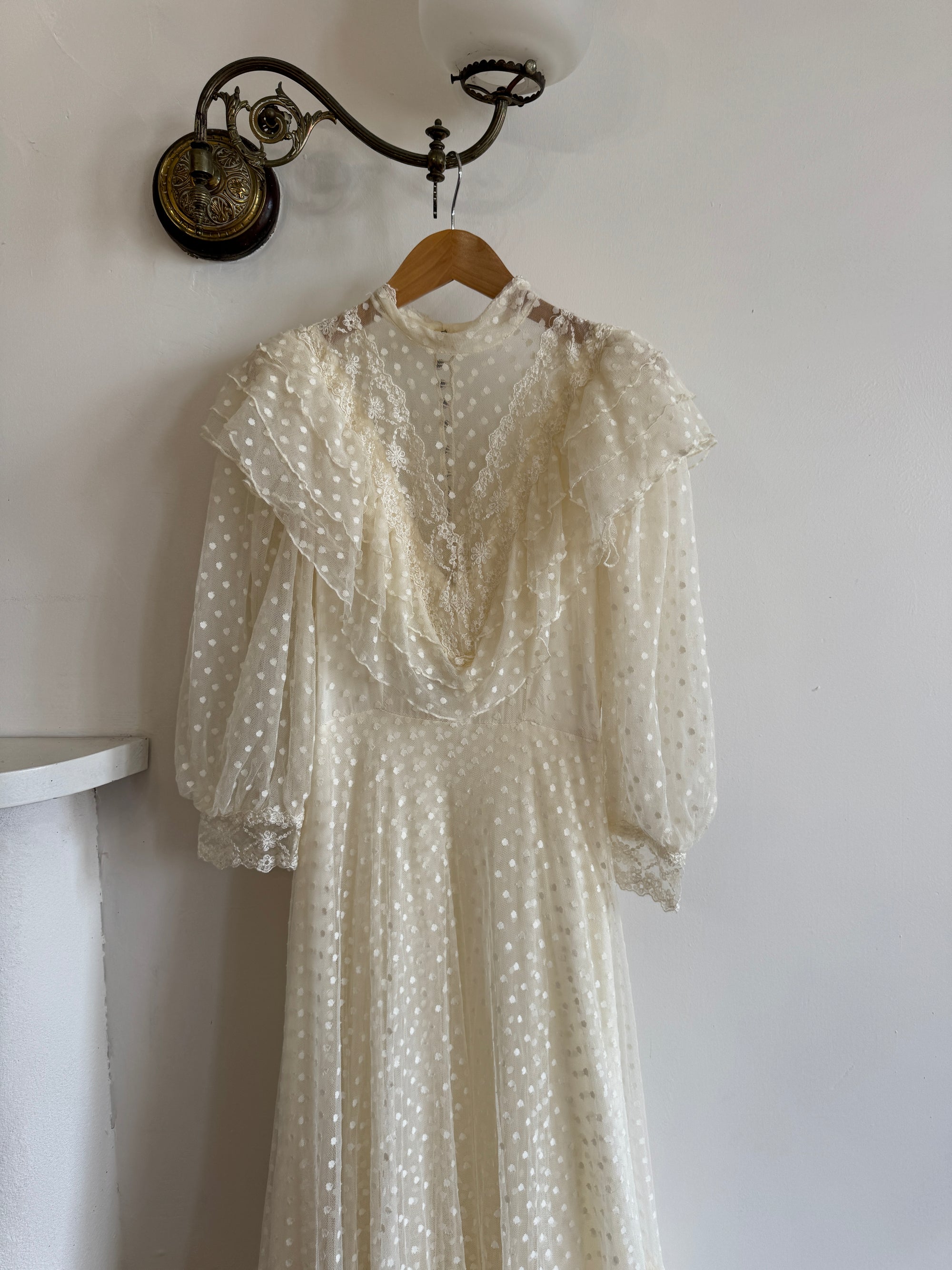 Vintage 70s Polka Sheer Tiered Wedding Dress Creme