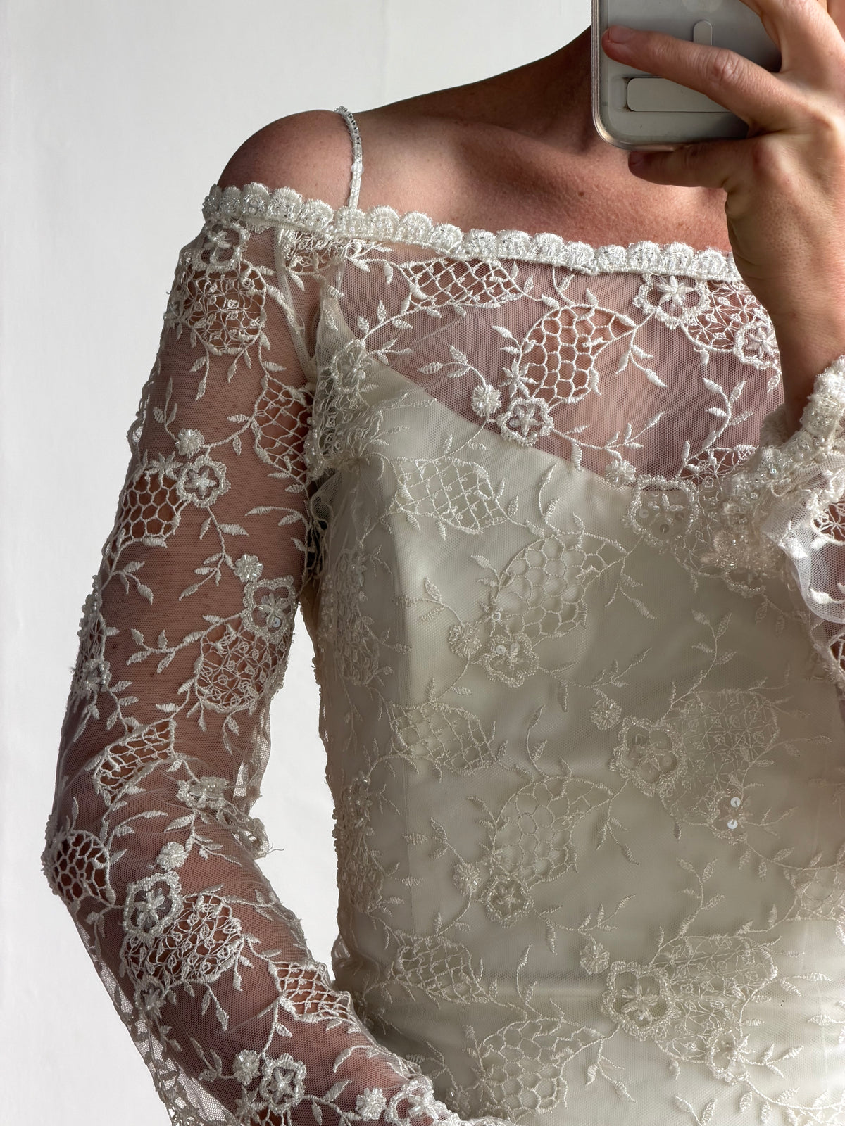 Vintage 90s Italian Beaded Lace and Satin Wedding Gown