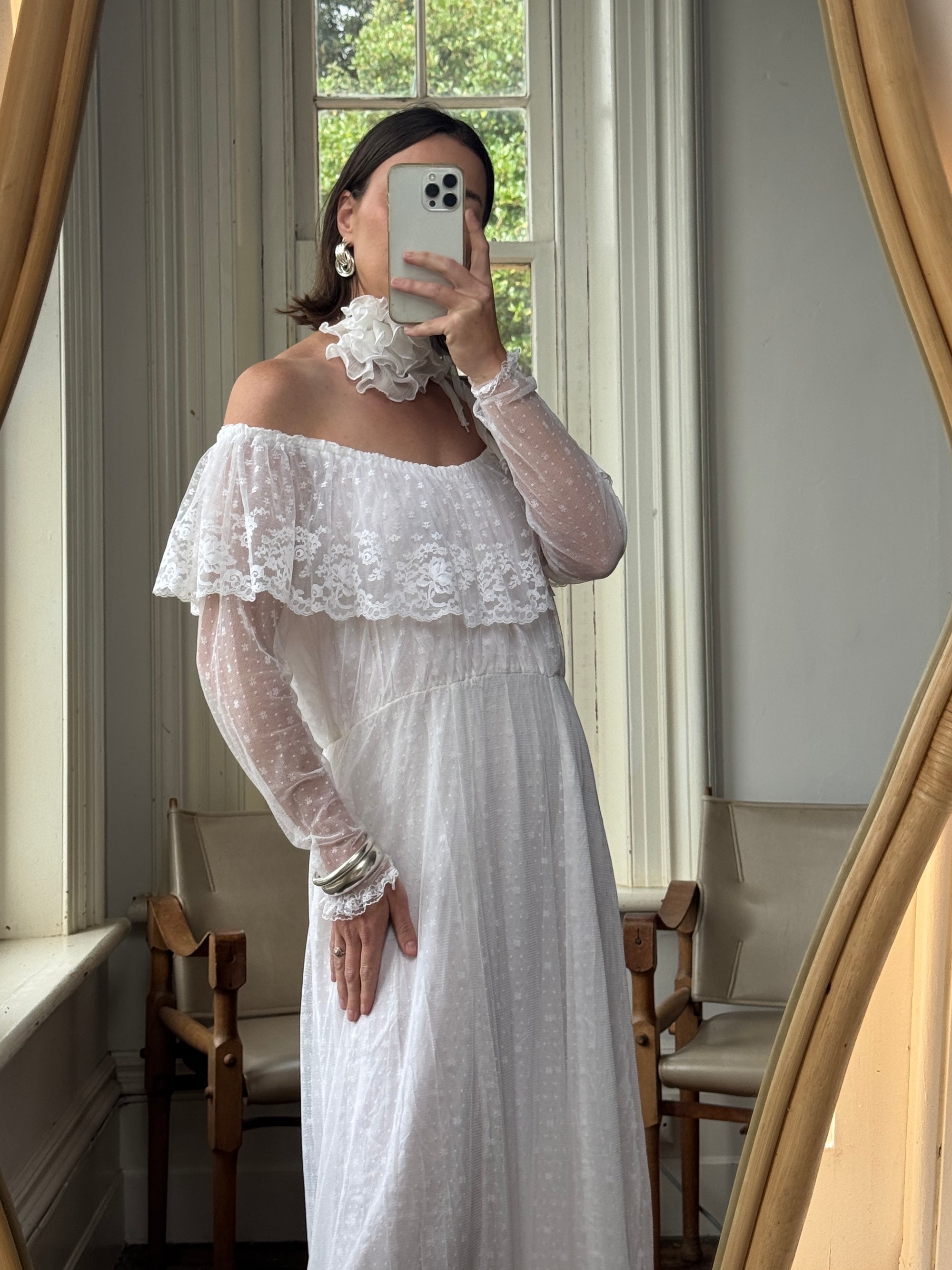 Vintage 70s Australian Made Off Lace Frill Wedding Gown