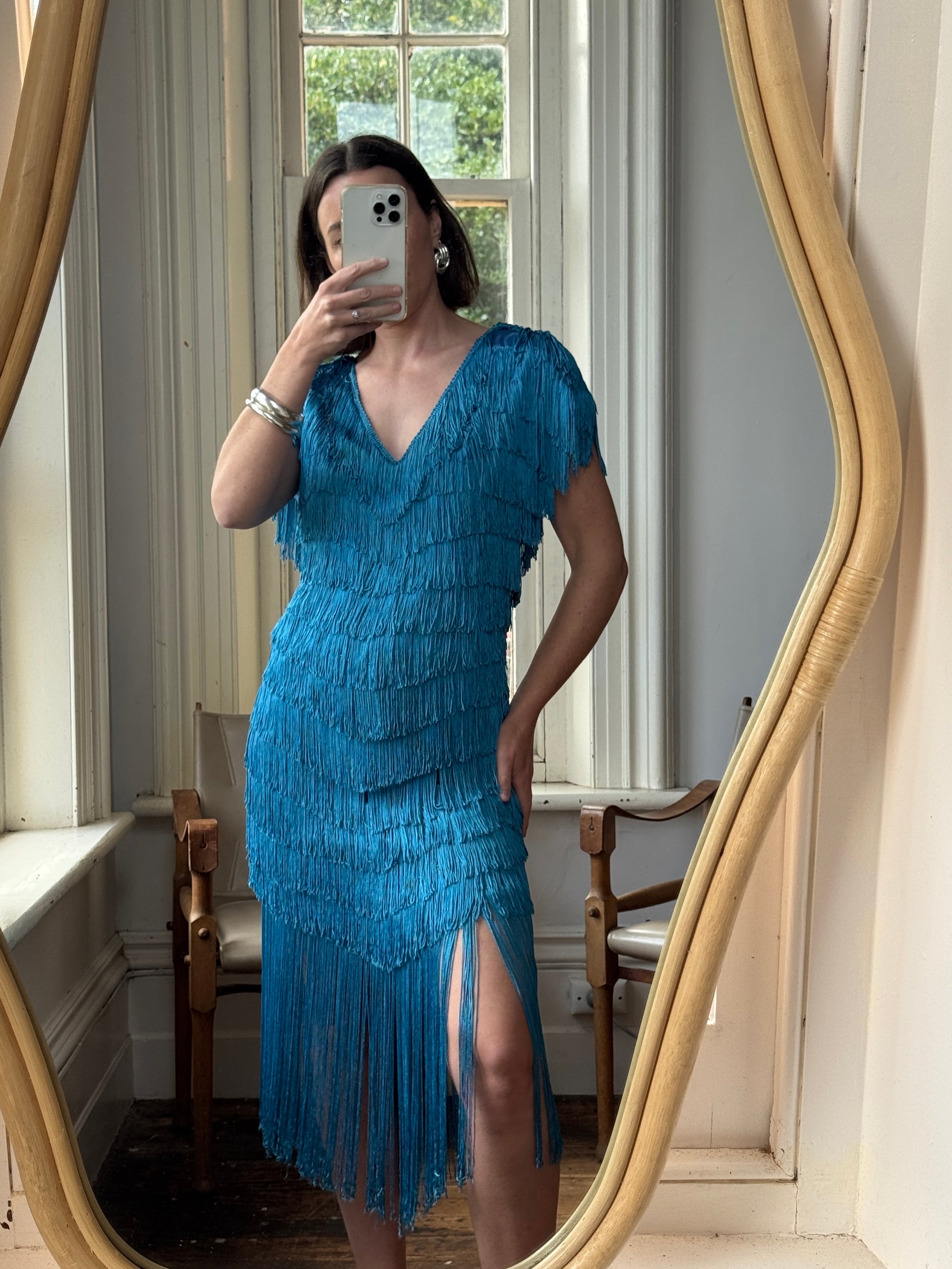 Vintage 80s Fringe Party Dress Ocean Blue