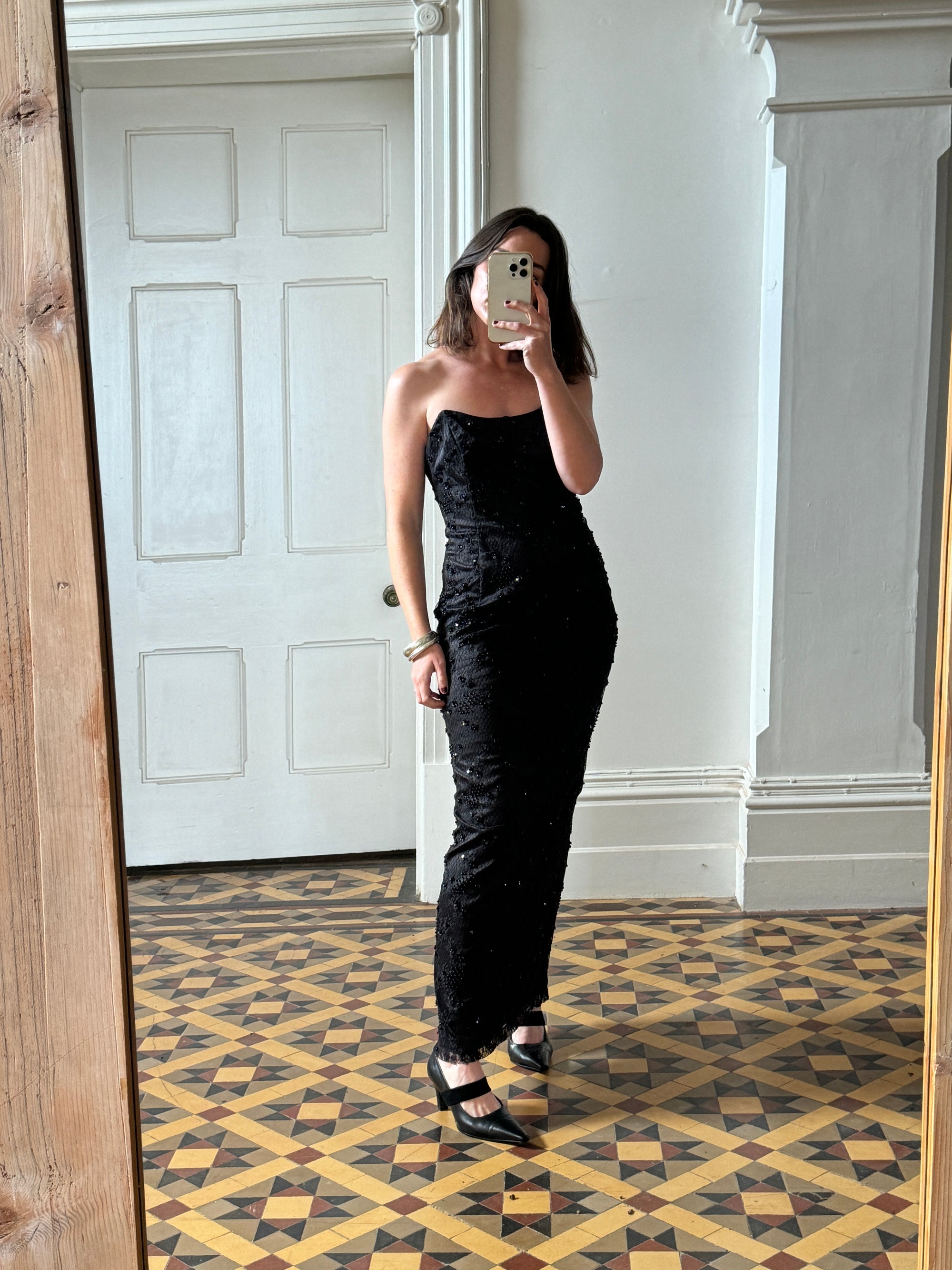 Vintage Australian Made 90s Strapless Beaded Lace Dress