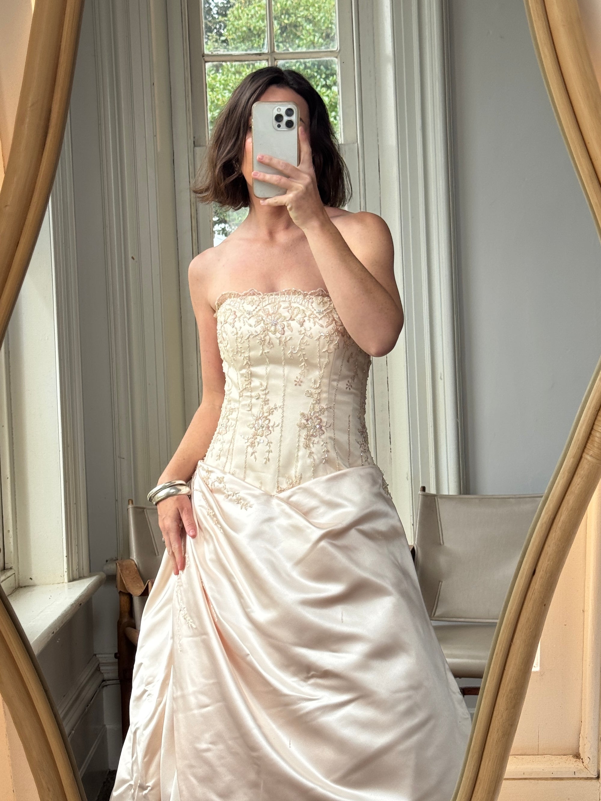 Vintage 90s Rose Crystal Encrusted Strapless Wedding Gown