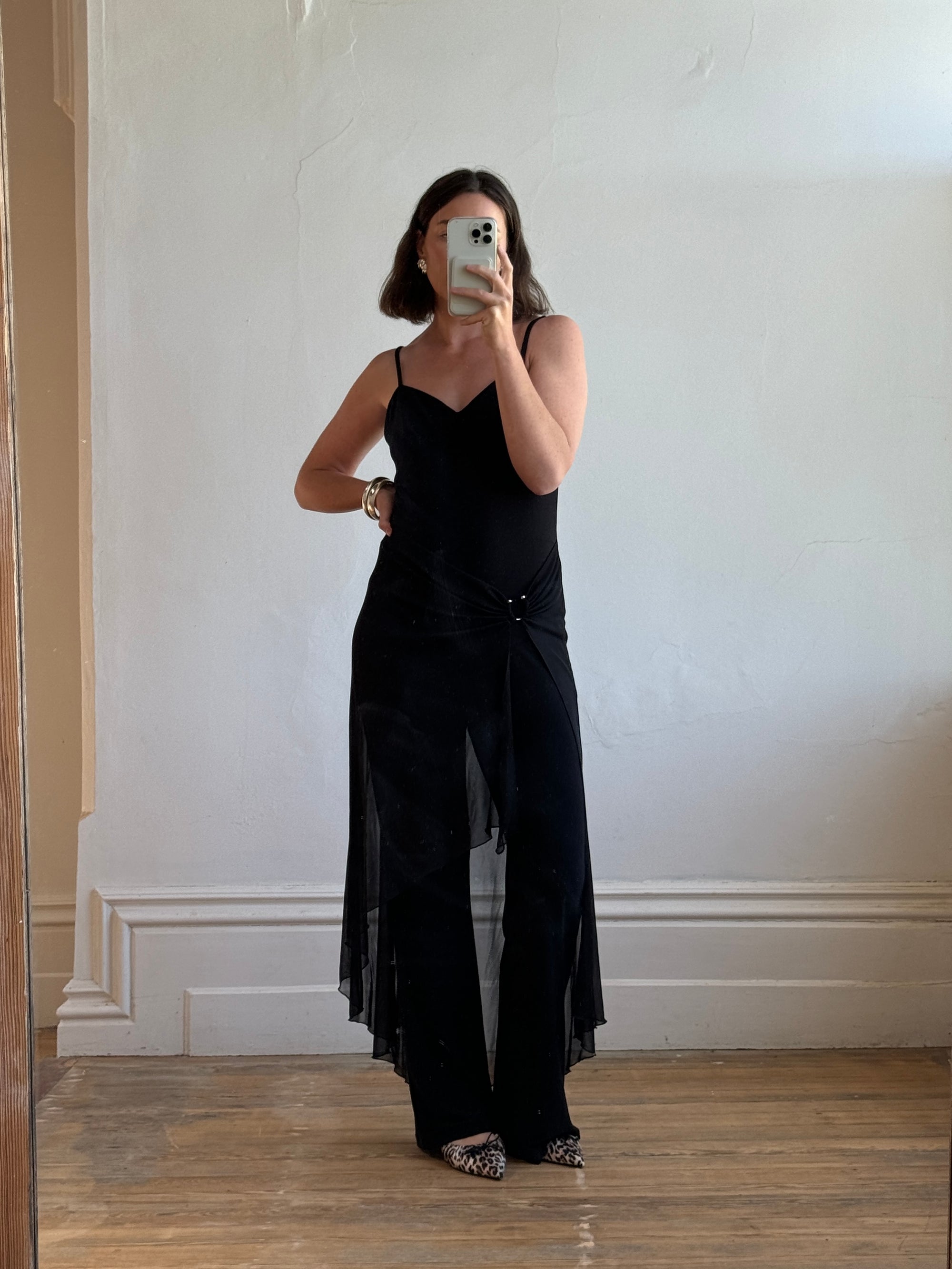 Vintage 90s Strappy Pantsuit with Sheer Skirt Overlay Noir