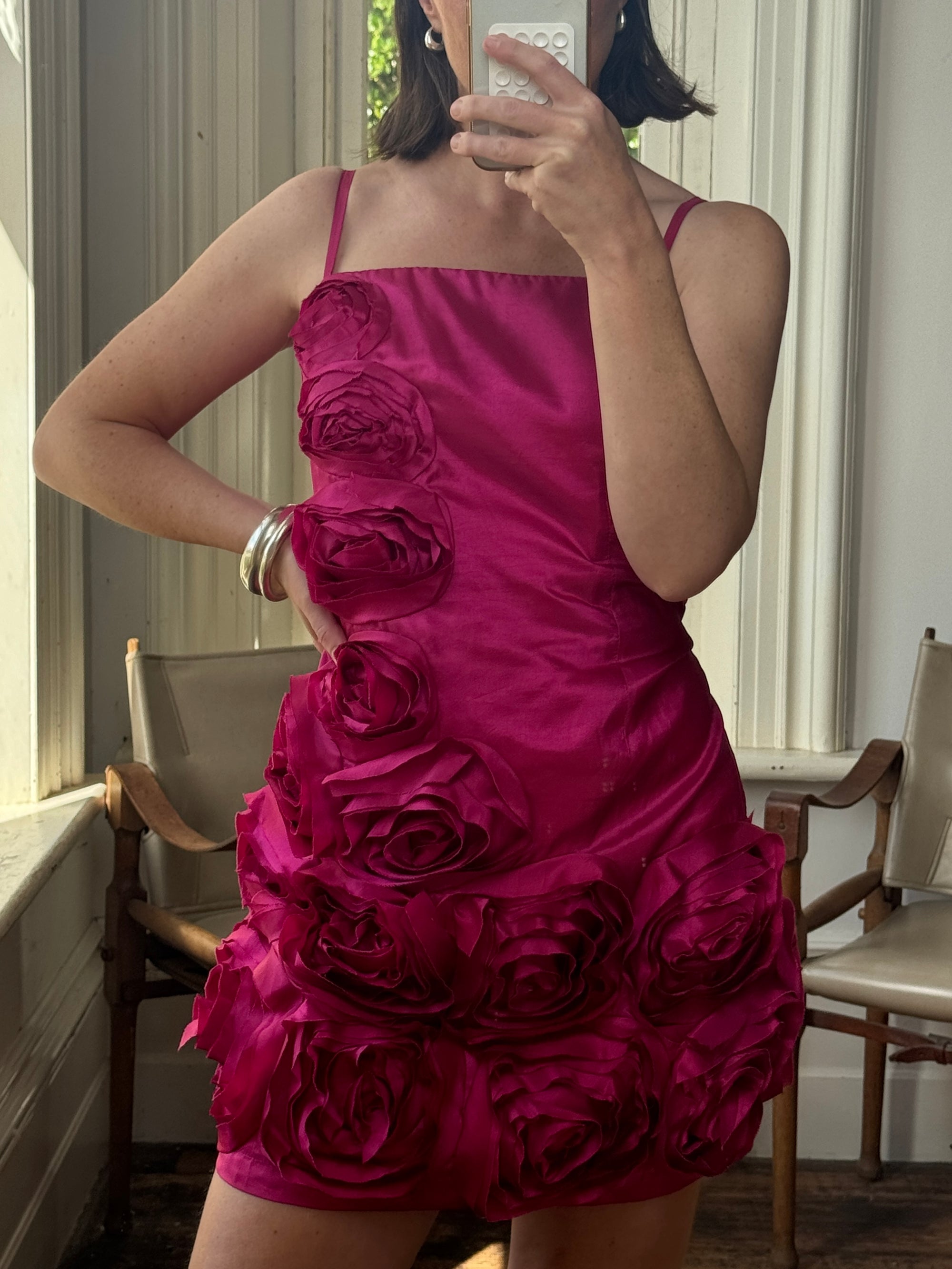 Vintage 80s Australian Made Rosette Mini Dress Fuchsia