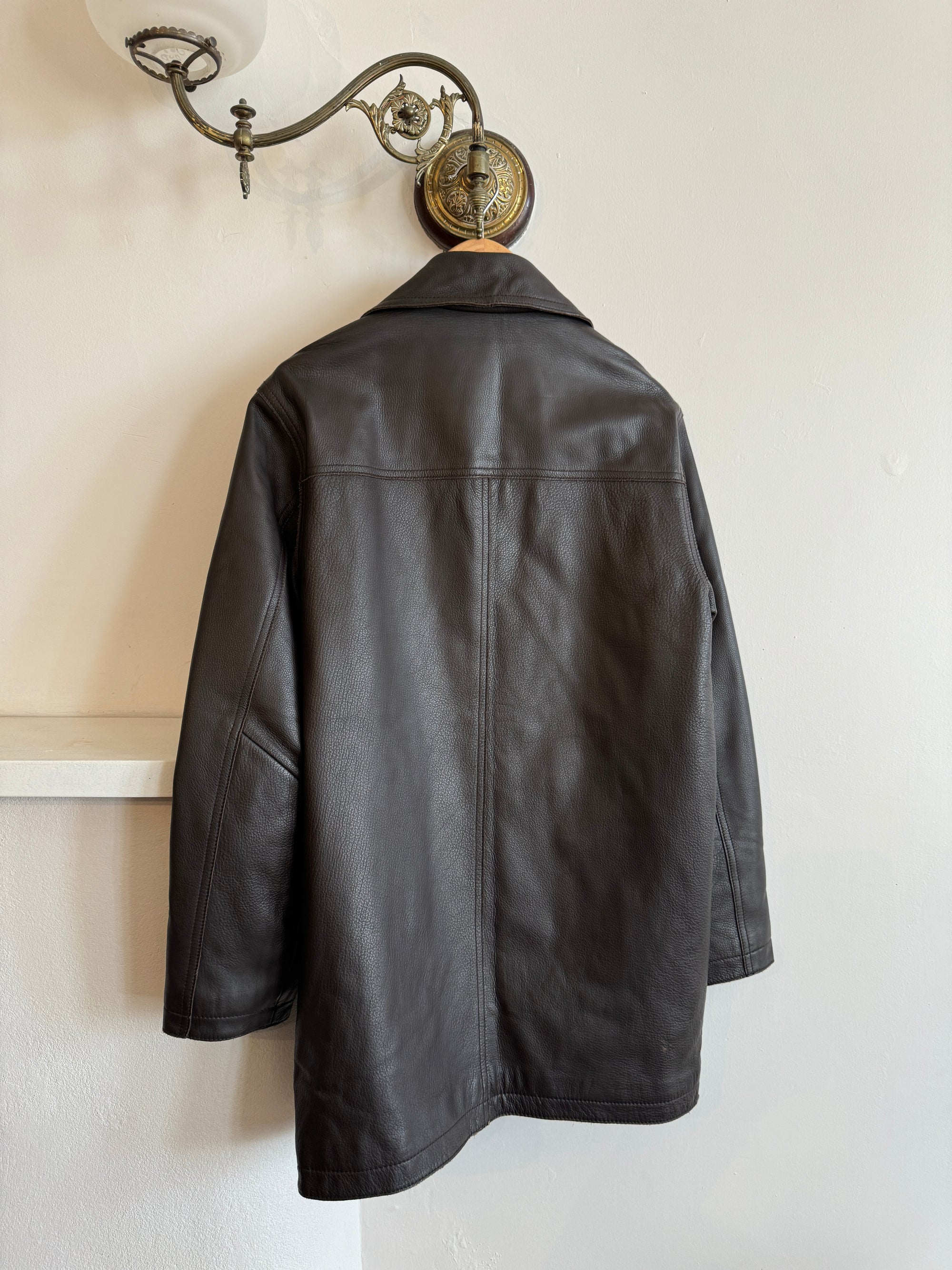 Vintage Leather Trench Button Up With Quilted Lining Dark Brown