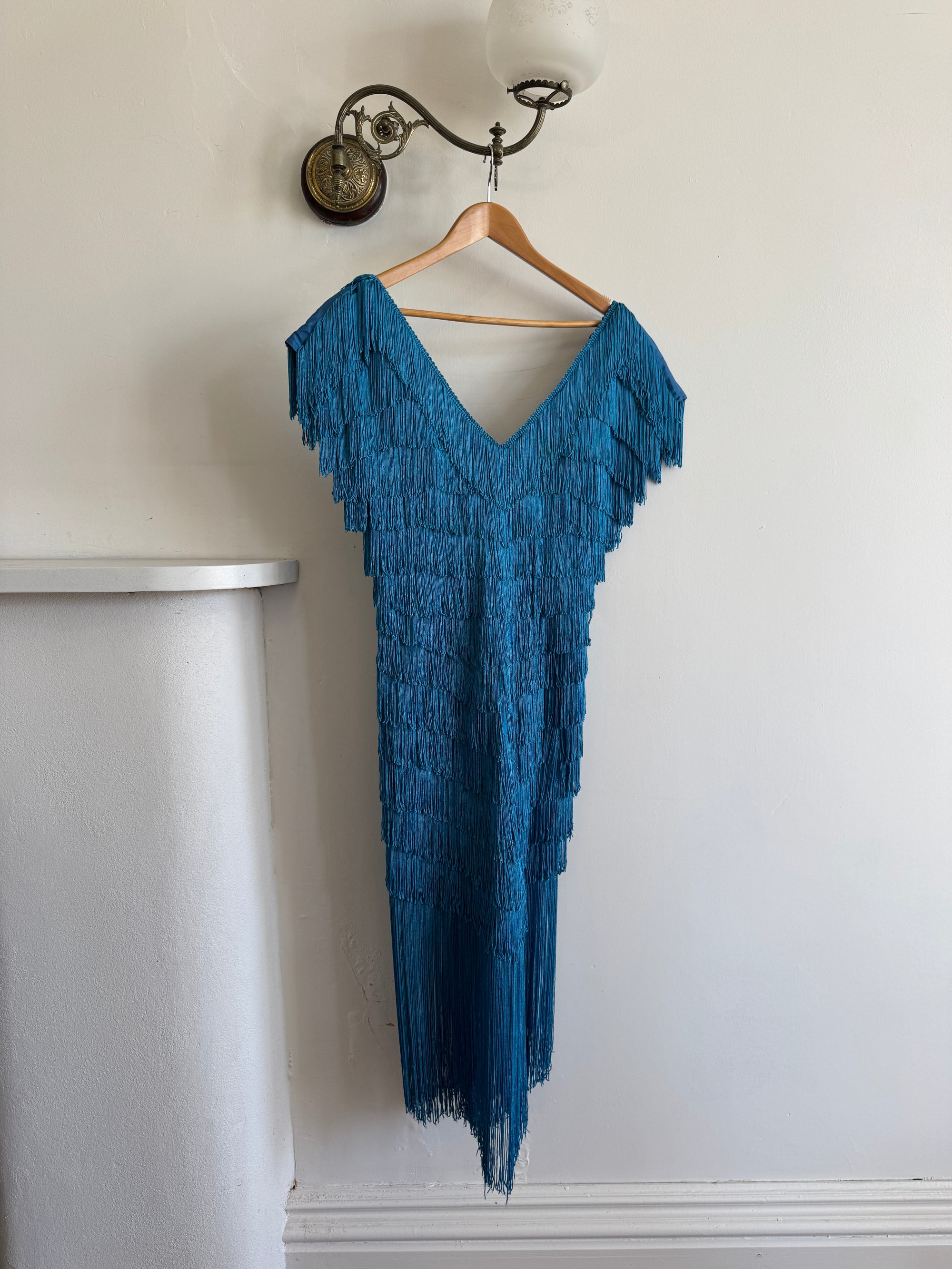 Vintage 80s Fringe Party Dress Ocean Blue