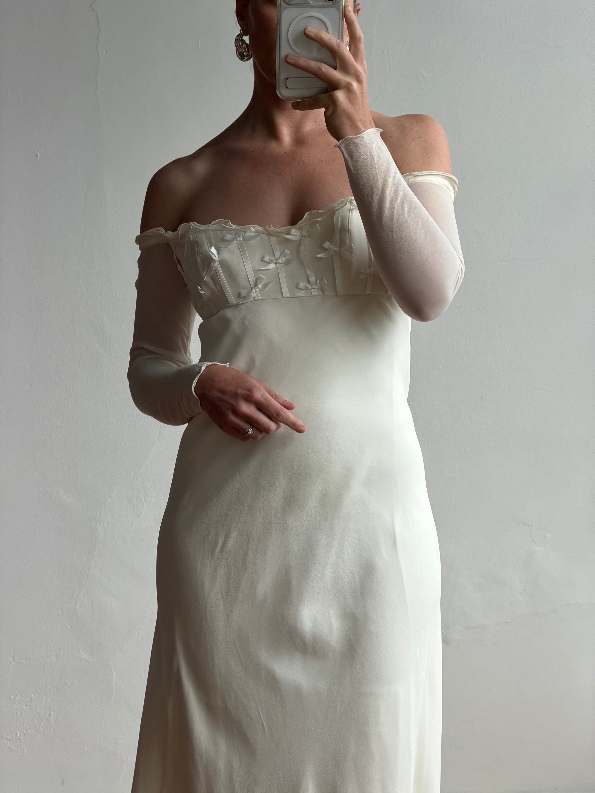 Vintage 90s Pure Silk Chiffon Empire Bow Off Shoulder Wedding Dress