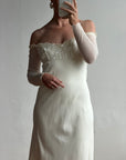Vintage 90s Pure Silk Chiffon Empire Bow Off Shoulder Wedding Dress