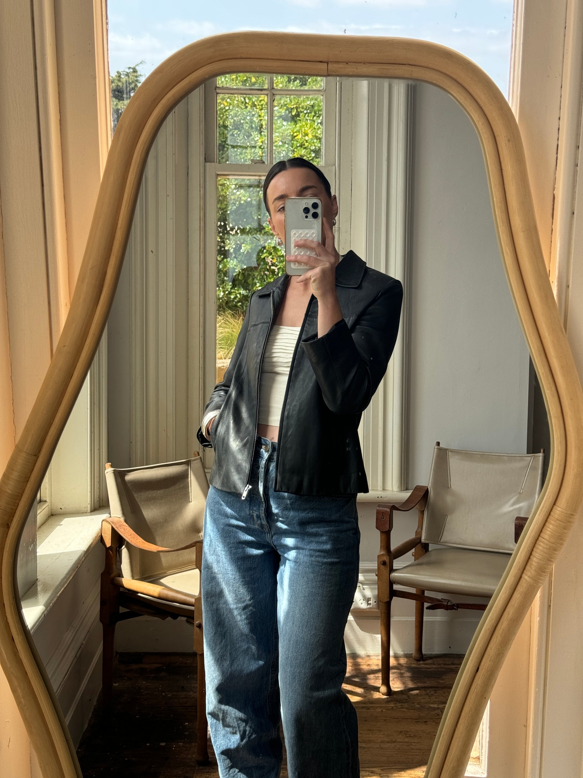 Vintage 90s Zip Front Leather Jacket Noir
