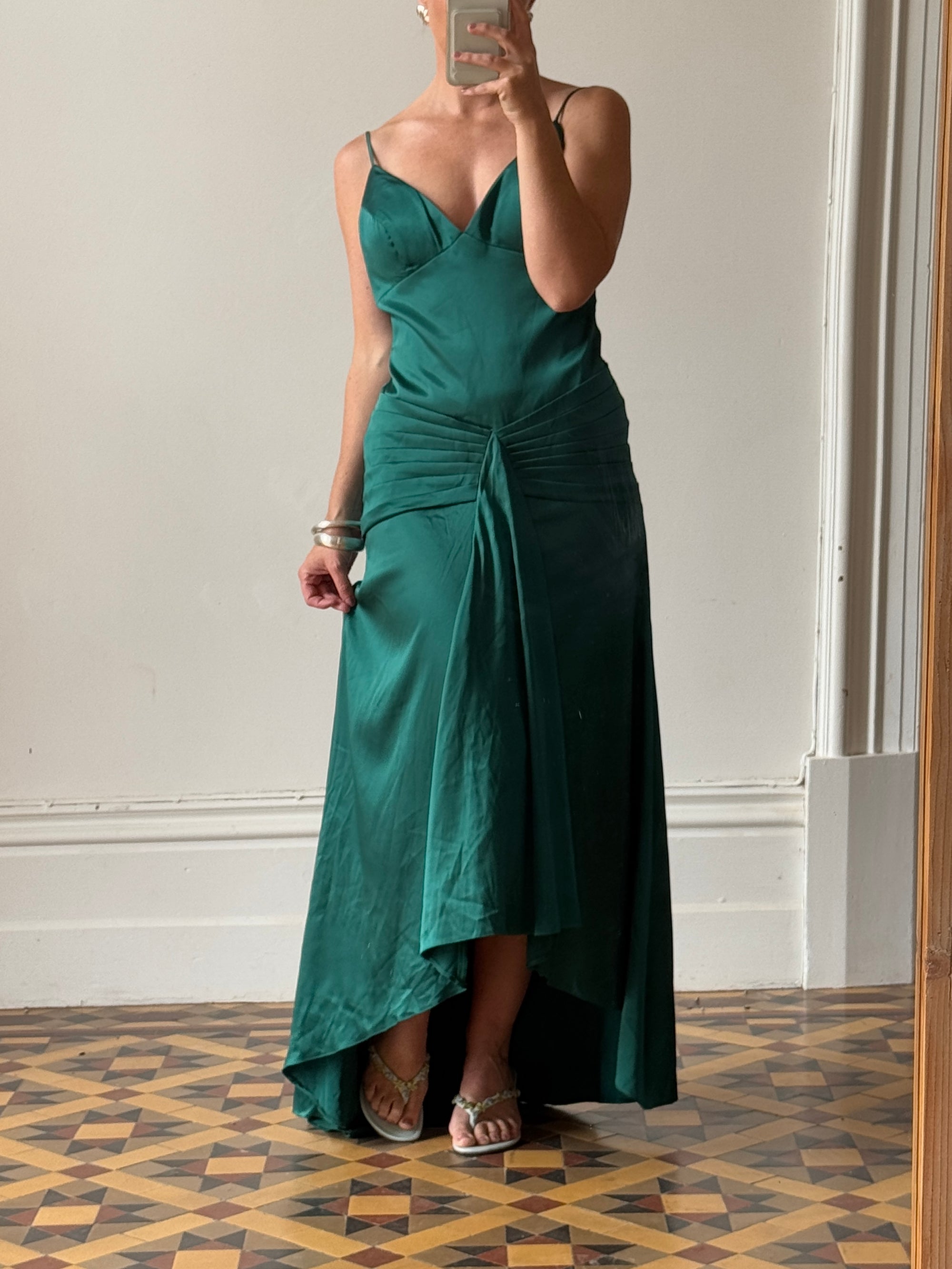 Vintage 90s Satin Drop Waist Evening Dress Teal